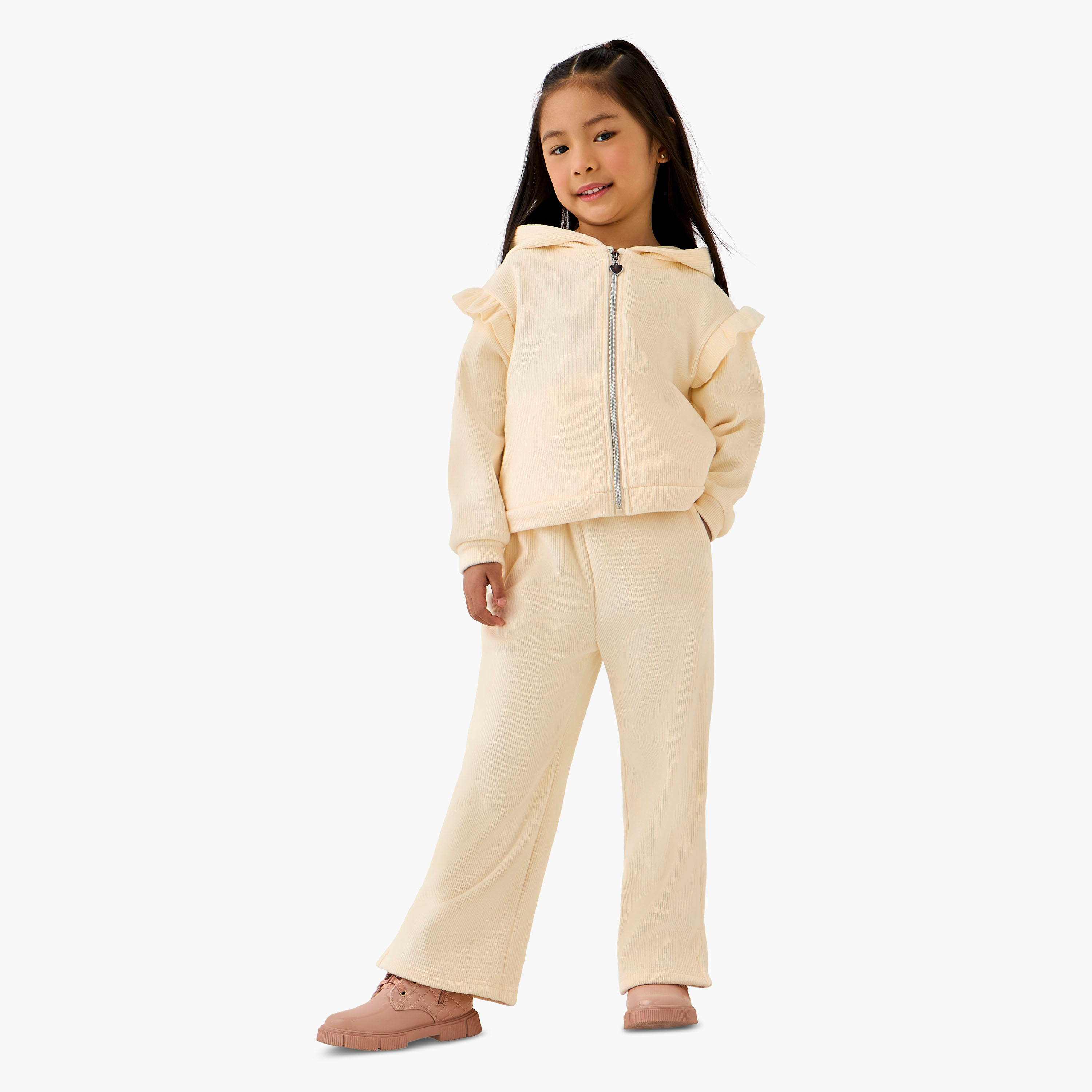 Juniors Hooded Long Sleeves Sweatshirt and Pants Set with Ruffle Detail-baby-girls-clothing-setsandcoords-image-1