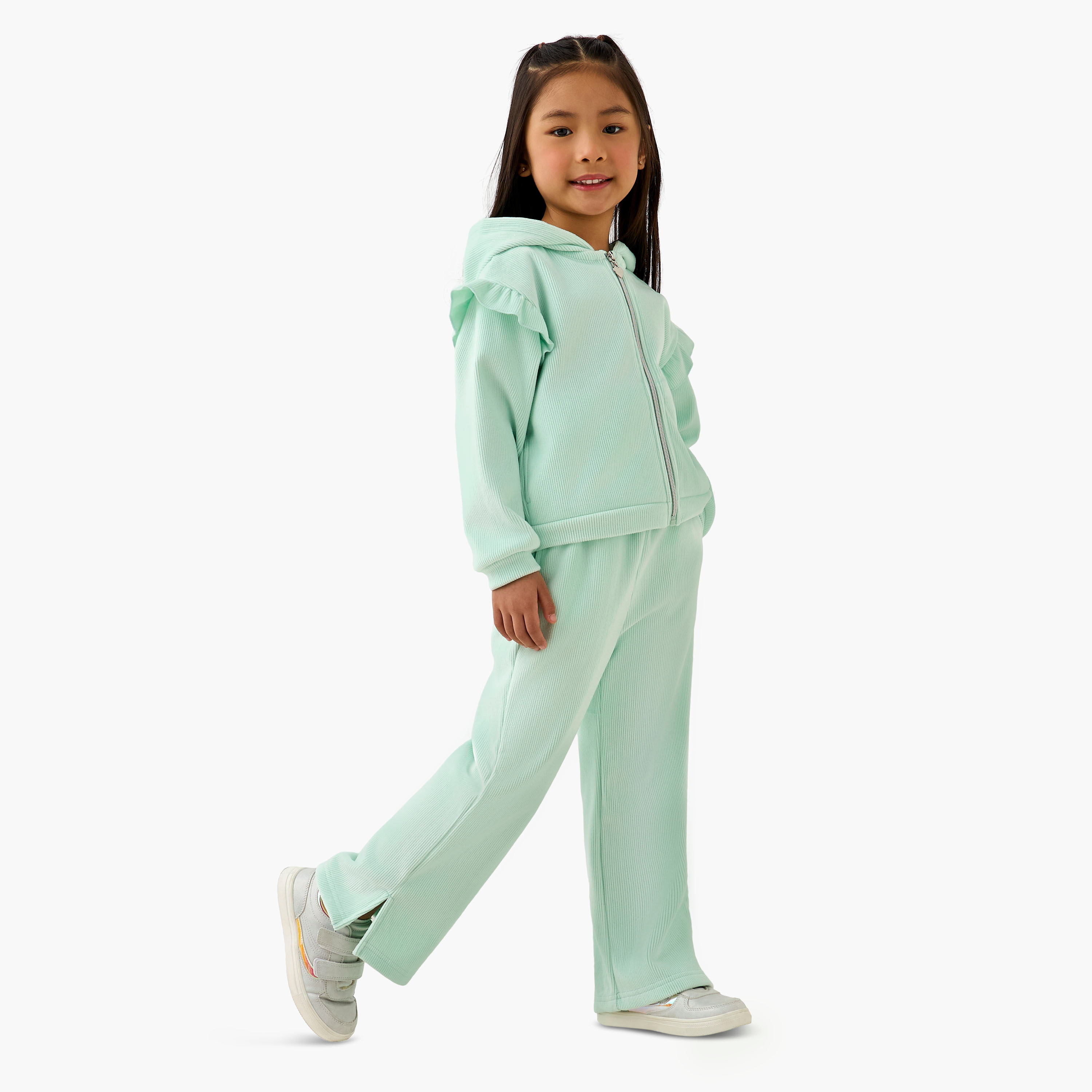 Juniors Hooded Long Sleeves Sweatshirt and Pants Set with Ruffle Detail-baby-girls-clothing-setsandcoords-image-1