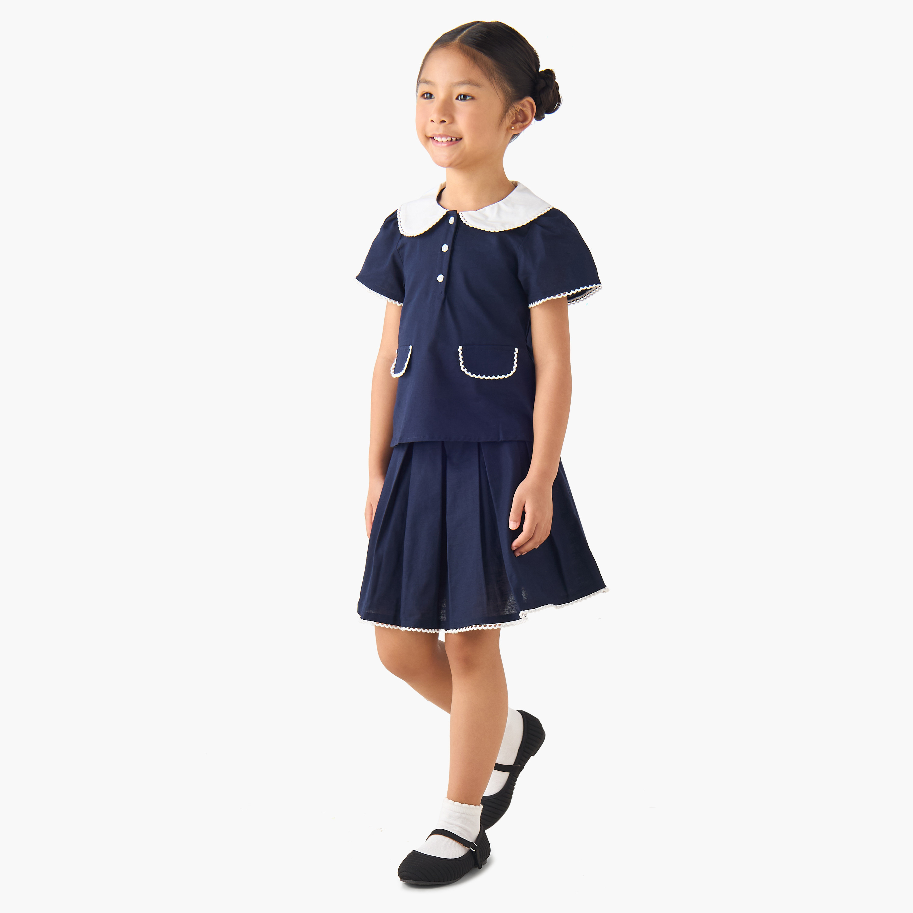Juniors Peter Pan Collar Short Sleeve Top and Skirt Set with Button Closure-girls-clothing-setsandcoords-image-1