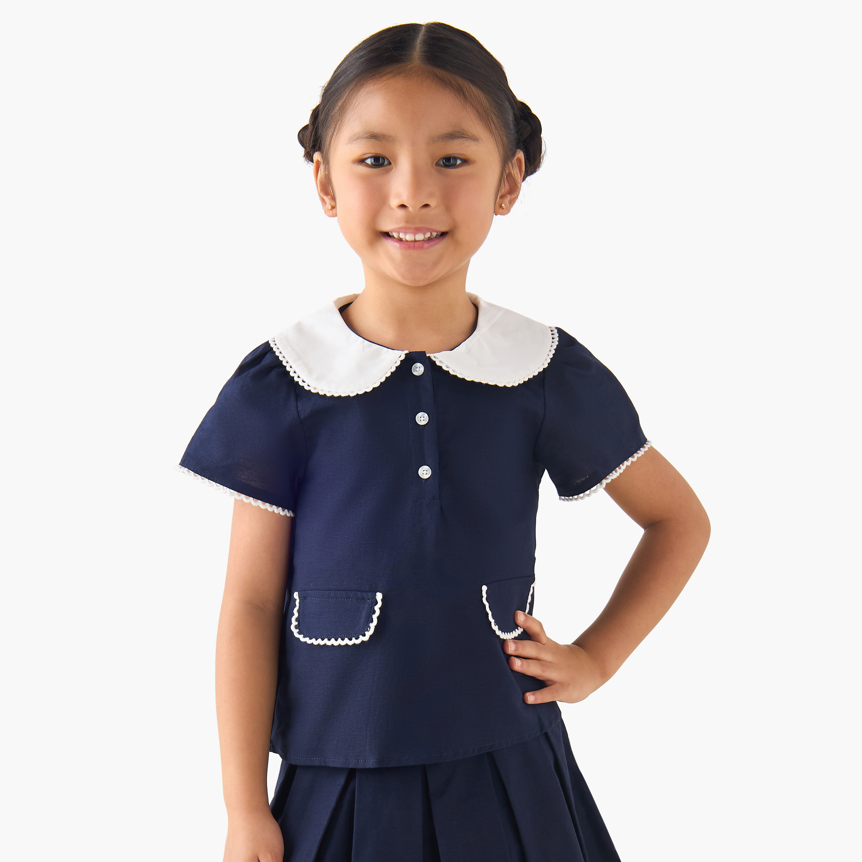 Juniors Peter Pan Collar Short Sleeve Top and Skirt Set with Button Closure-girls-clothing-setsandcoords-image-2