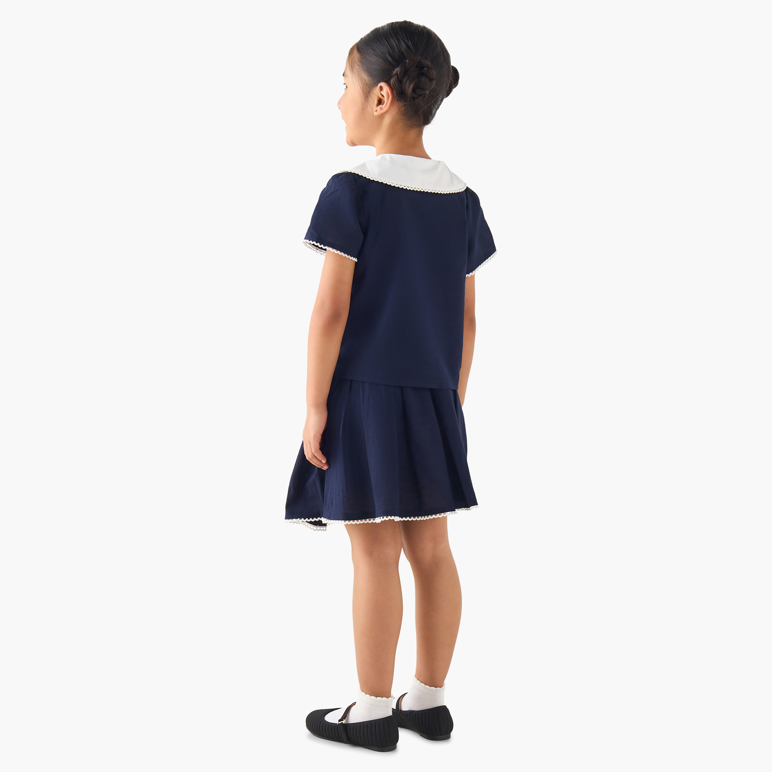 Juniors Peter Pan Collar Short Sleeve Top and Skirt Set with Button Closure-girls-clothing-setsandcoords-image-4