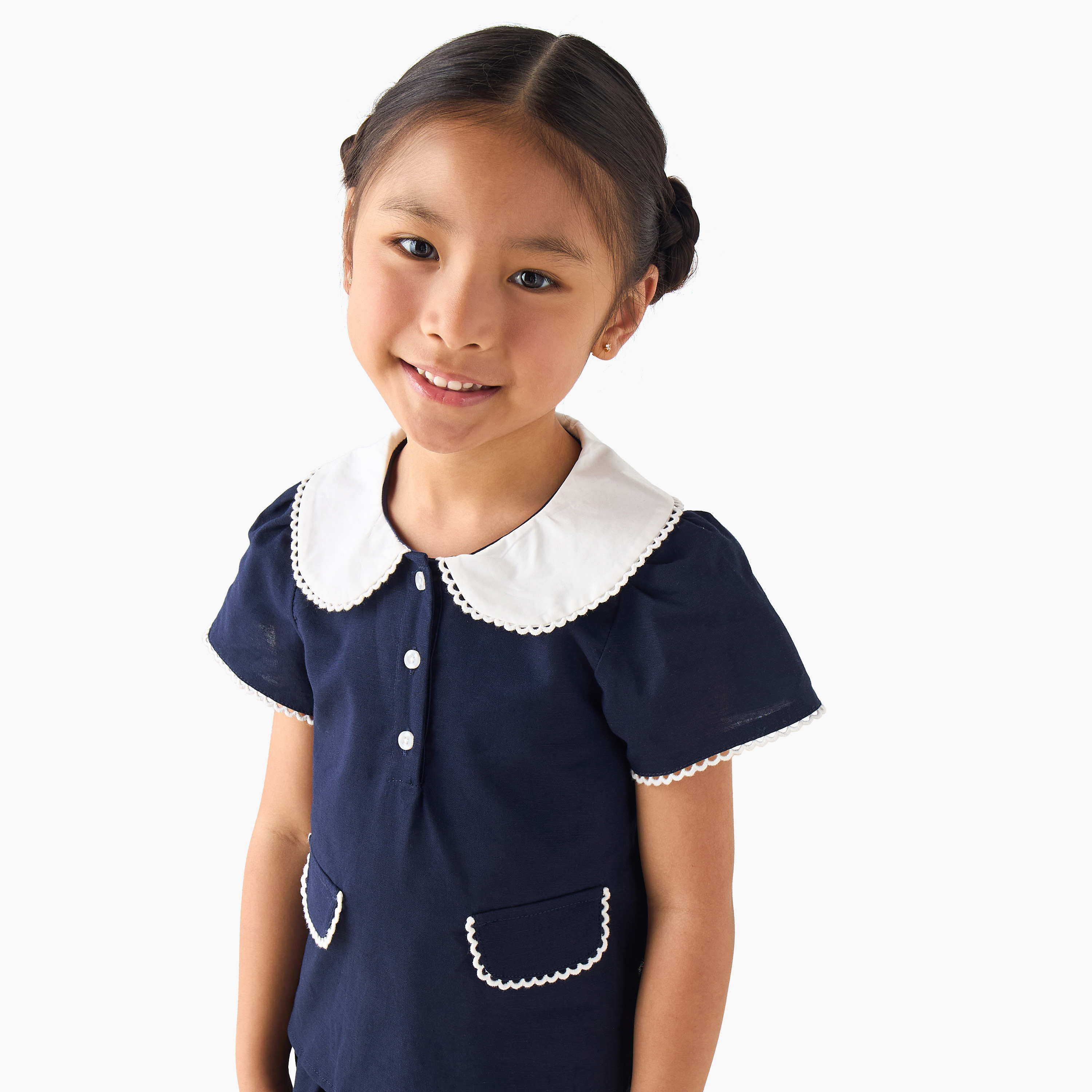 Juniors Peter Pan Collar Short Sleeve Top and Skirt Set with Button Closure-girls-clothing-setsandcoords-image-5
