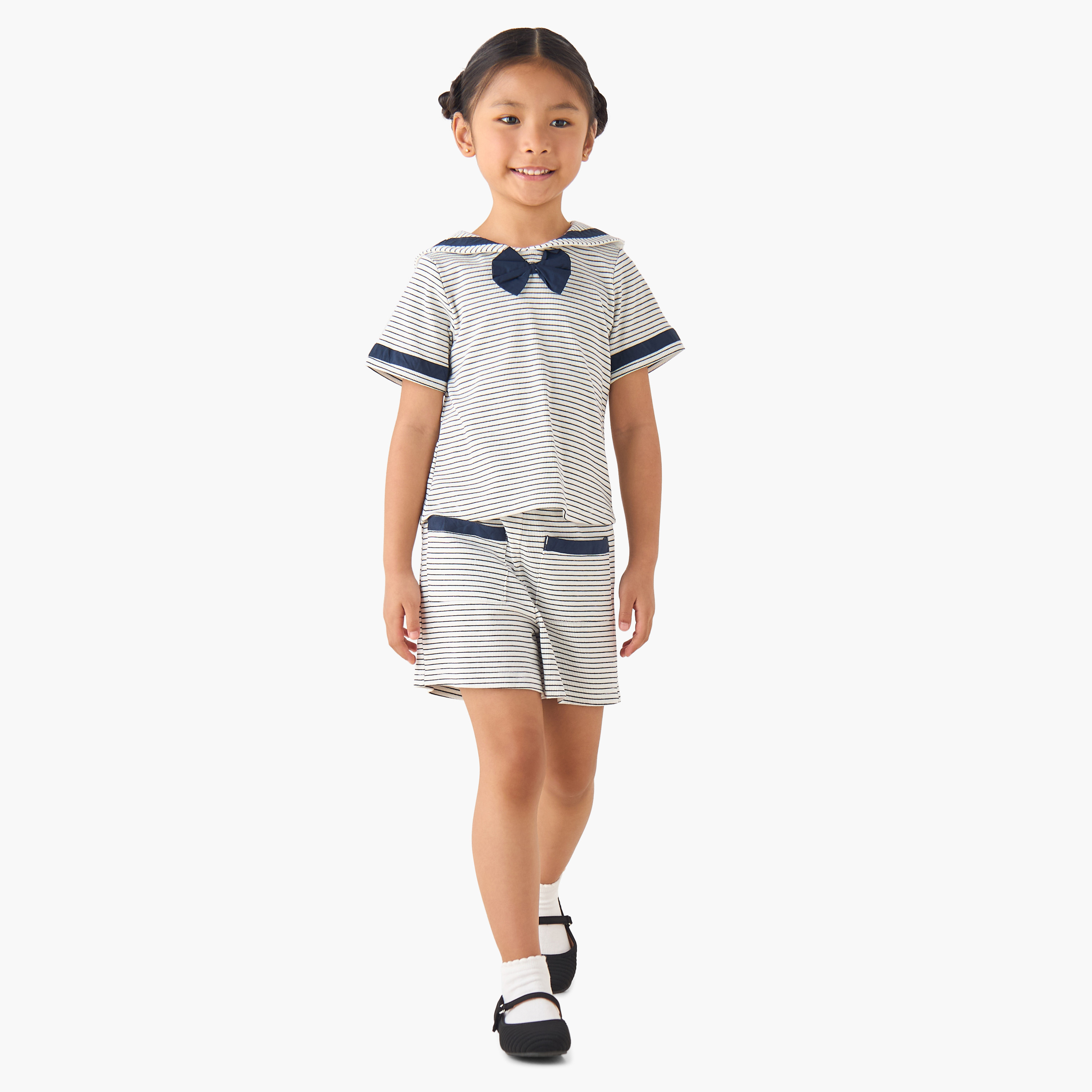 Juniors Sailor Collar Short Sleeve Top and Shorts Set with Pockets-baby-girls-clothing-setsandcoords-image-1