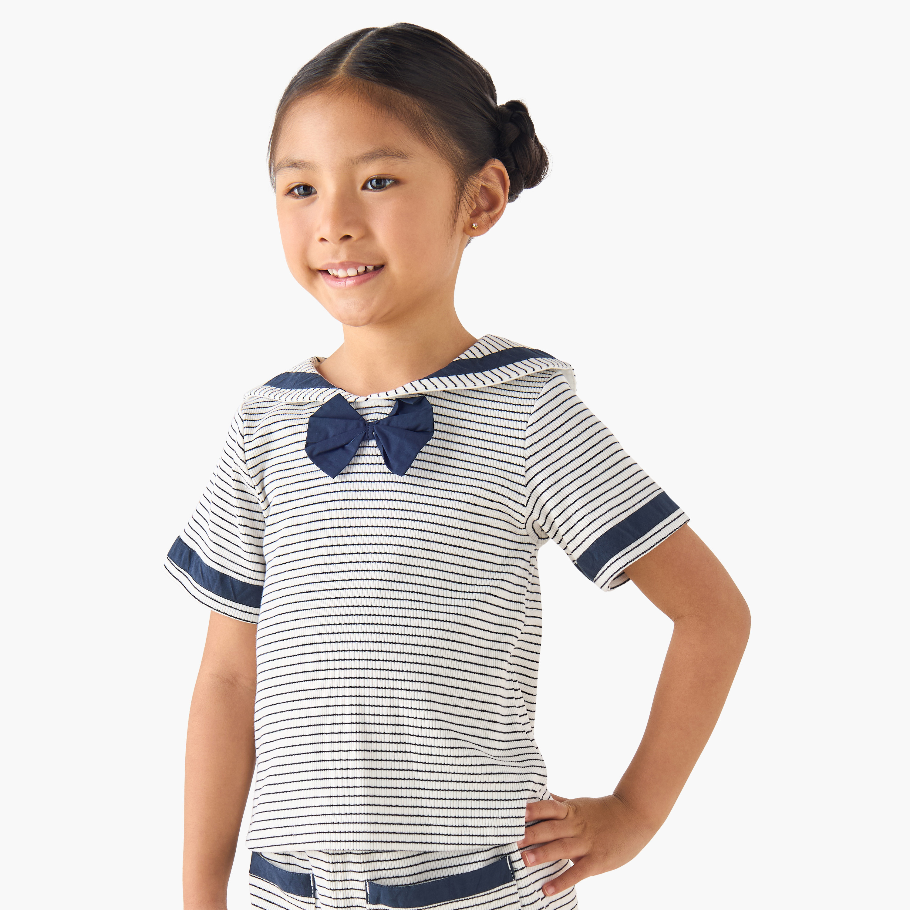 Juniors Sailor Collar Short Sleeve Top and Shorts Set with Pockets-baby-girls-clothing-setsandcoords-image-2