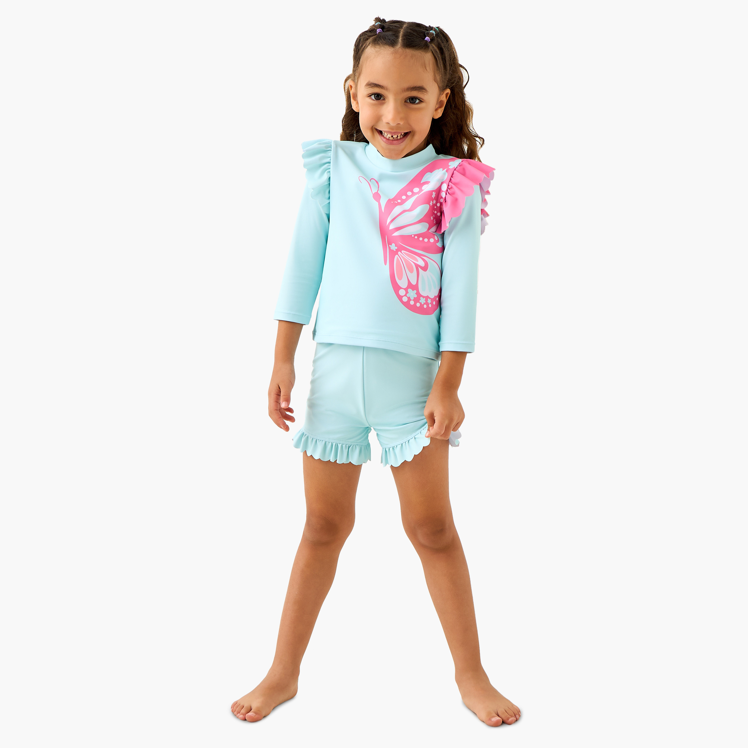 Juniors Butterfly Print Swim T-shirt and Shorts Set-baby-girls-clothing-swimwear-image-1