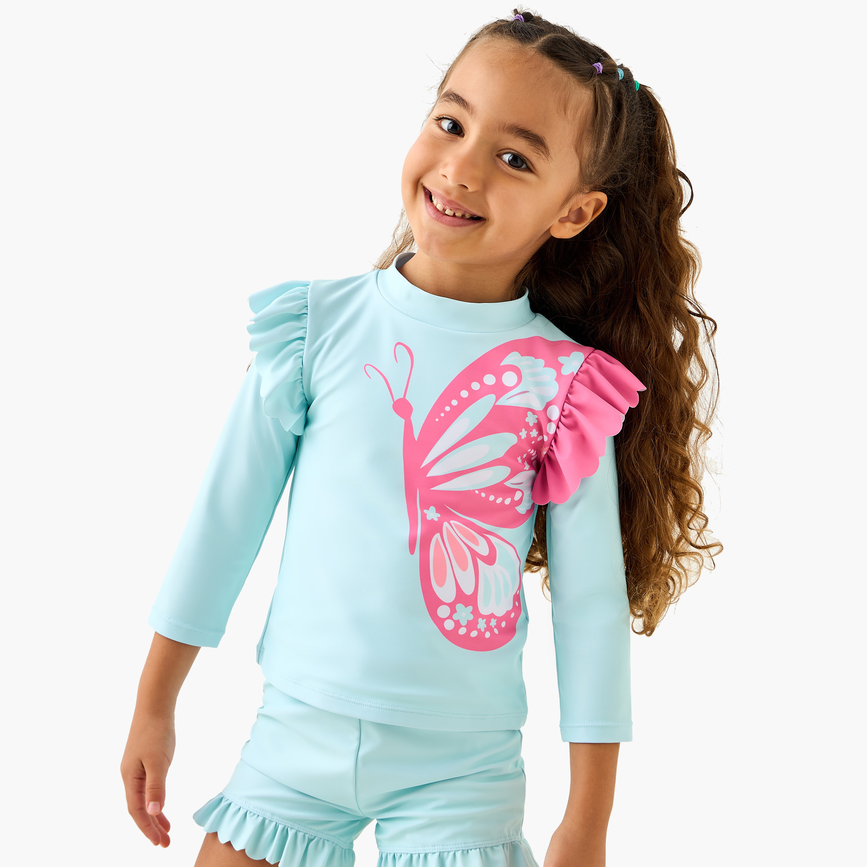 Juniors Butterfly Print Swim T-shirt and Shorts Set-baby-girls-clothing-swimwear-image-2