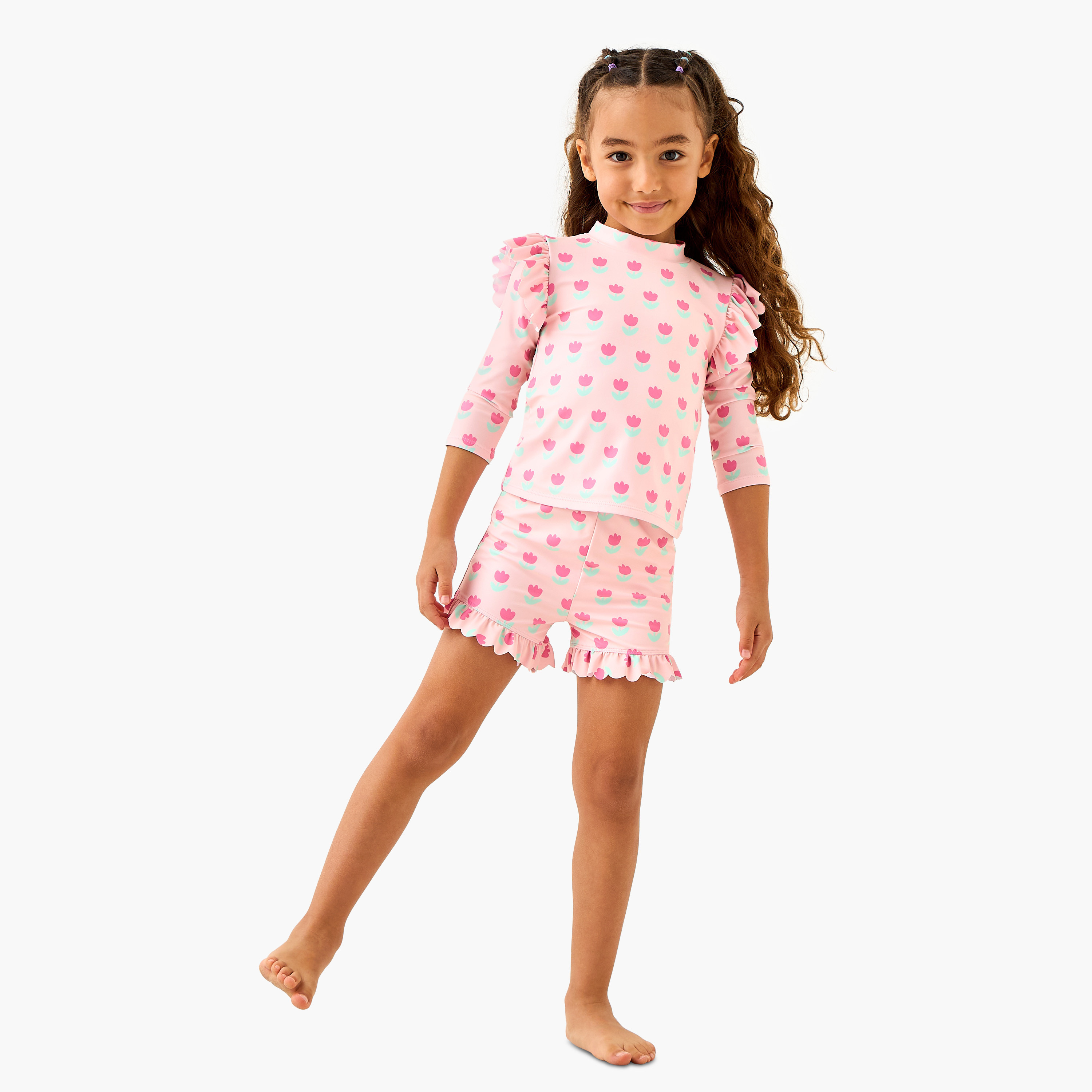 Juniors Floral Print Swim T-shirt and Shorts Set-girls-clothing-swimwear-image-1