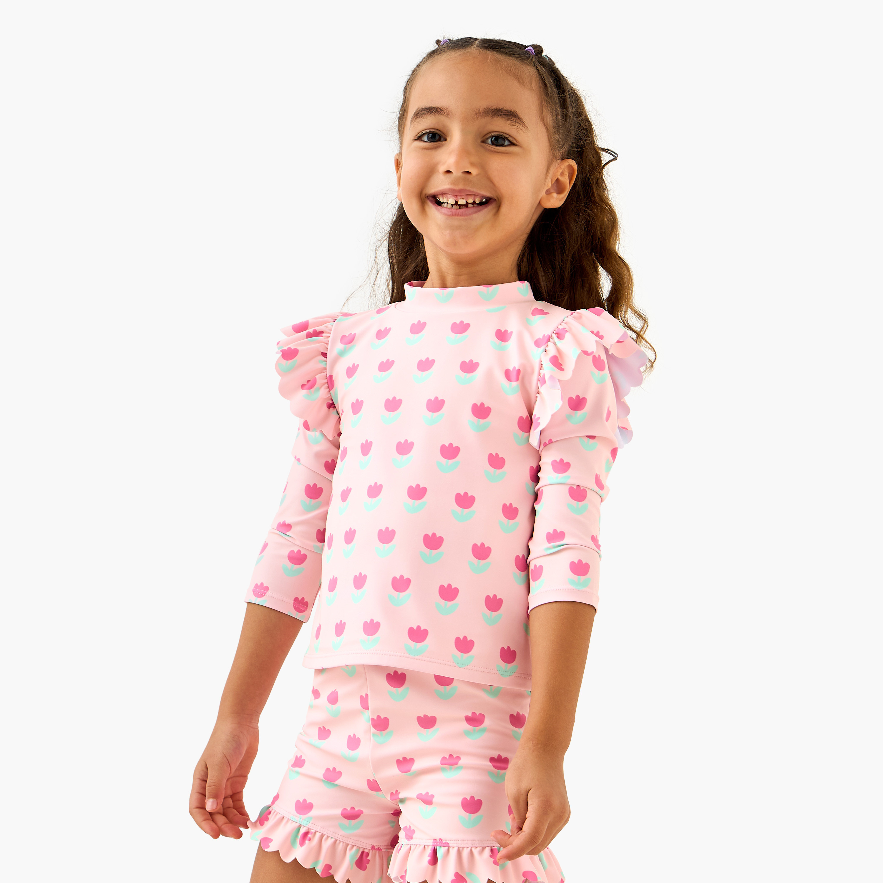 Juniors Floral Print Swim T-shirt and Shorts Set-girls-clothing-swimwear-image-2