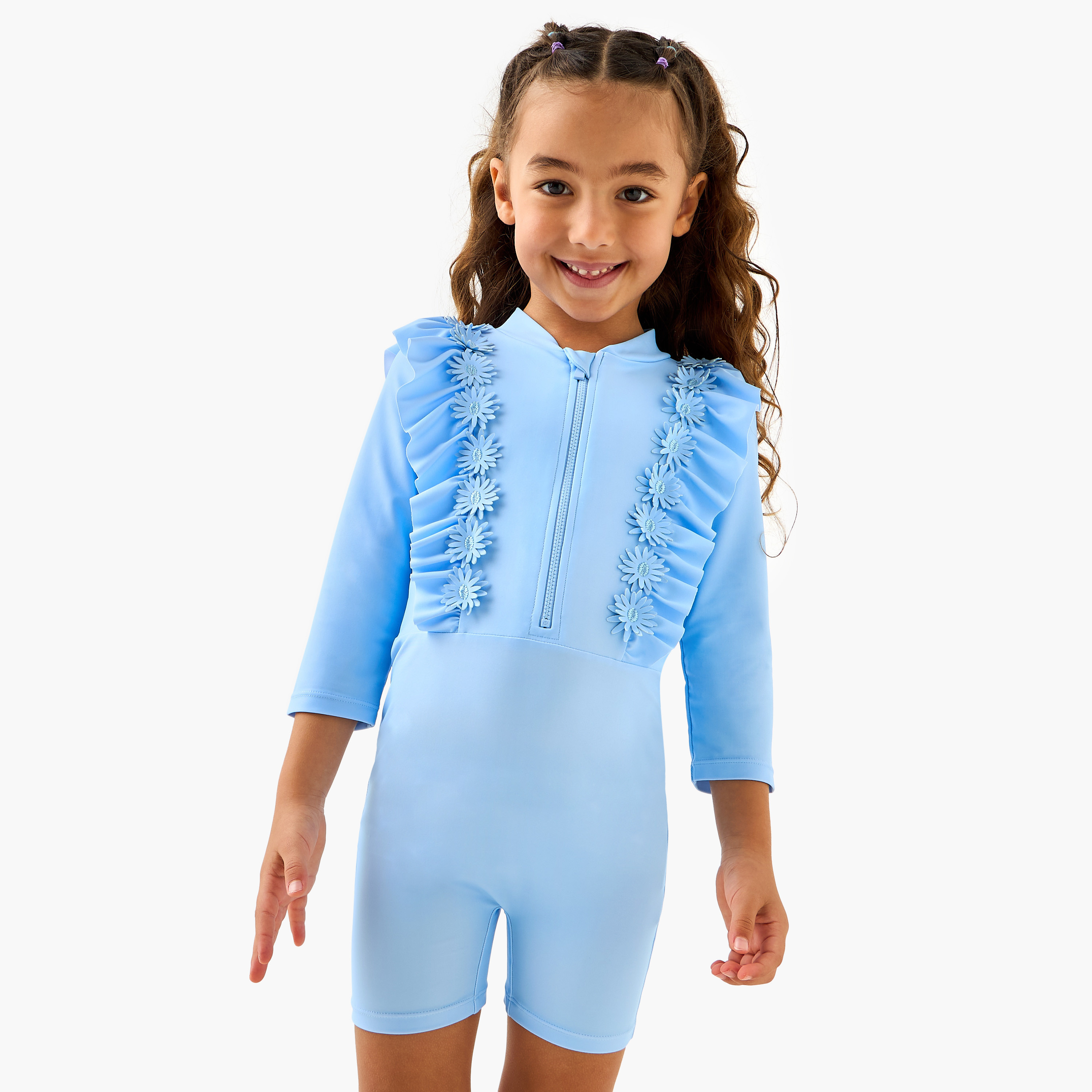 Juniors Floral Accent Swimsuit with 3/4 Sleeves-girls-clothing-sportswear-swimwear-image-1