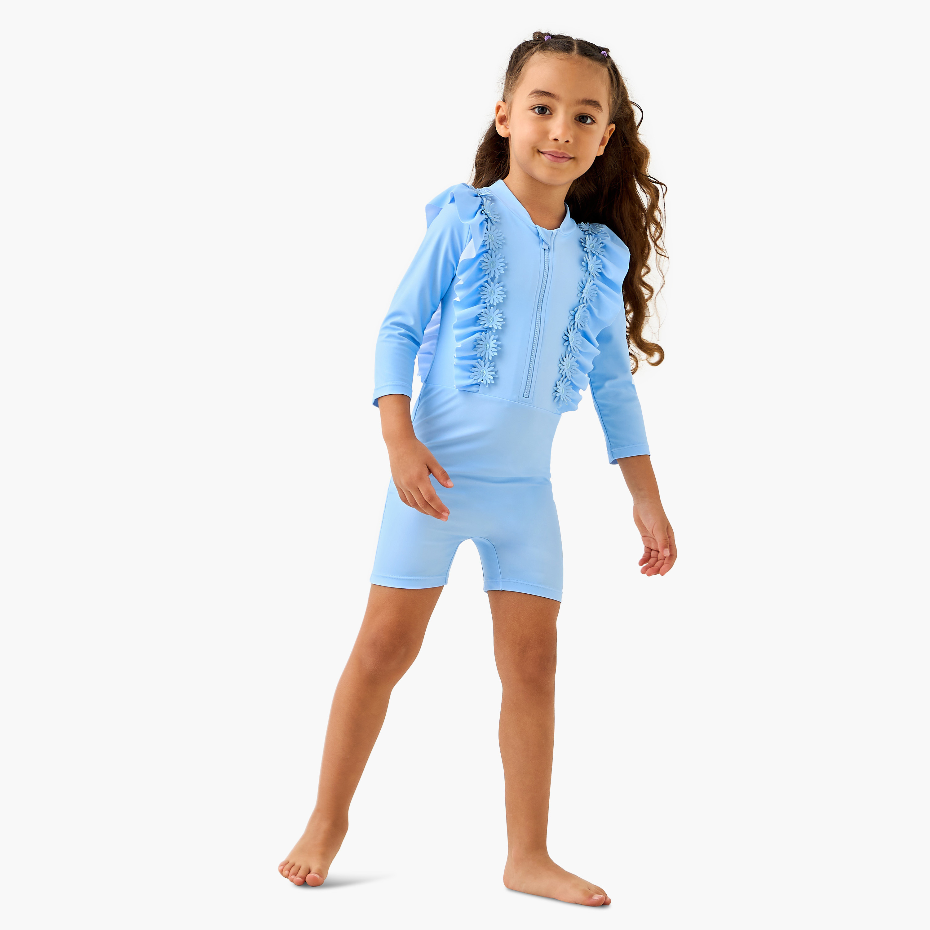 Juniors Floral Accent Swimsuit with 3/4 Sleeves-girls-clothing-sportswear-swimwear-image-2