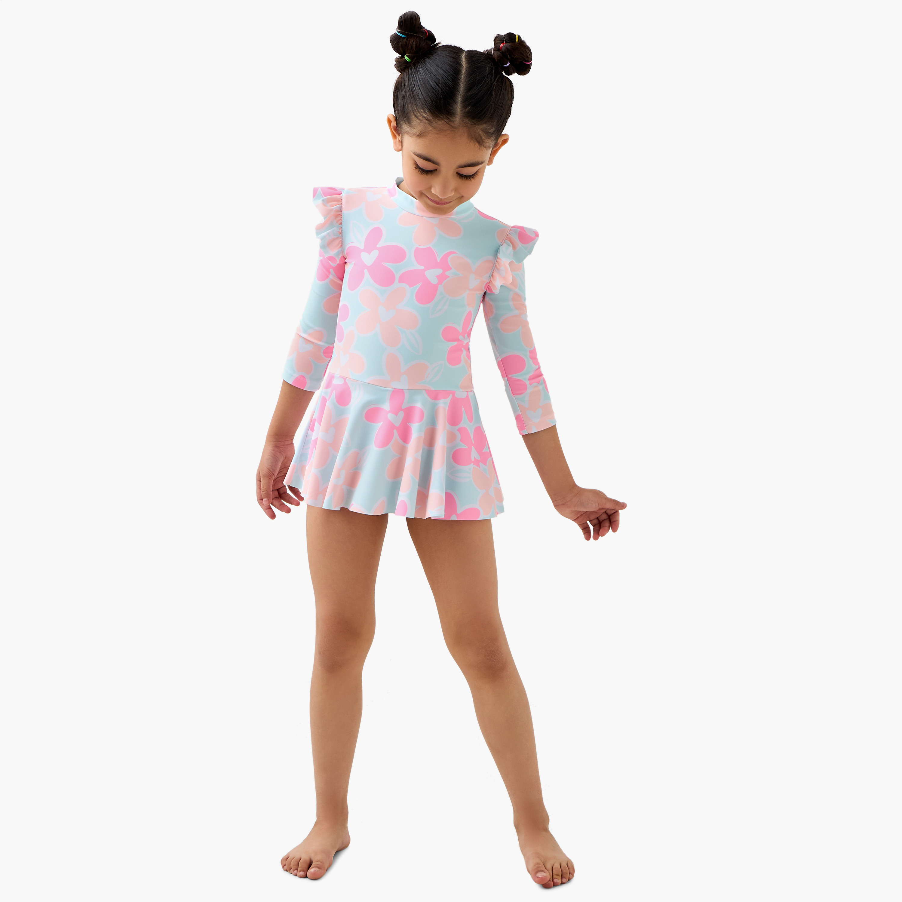 Juniors Floral Print Swimsuit with Long Sleeves-sports-gear-swimming-girl-image-1