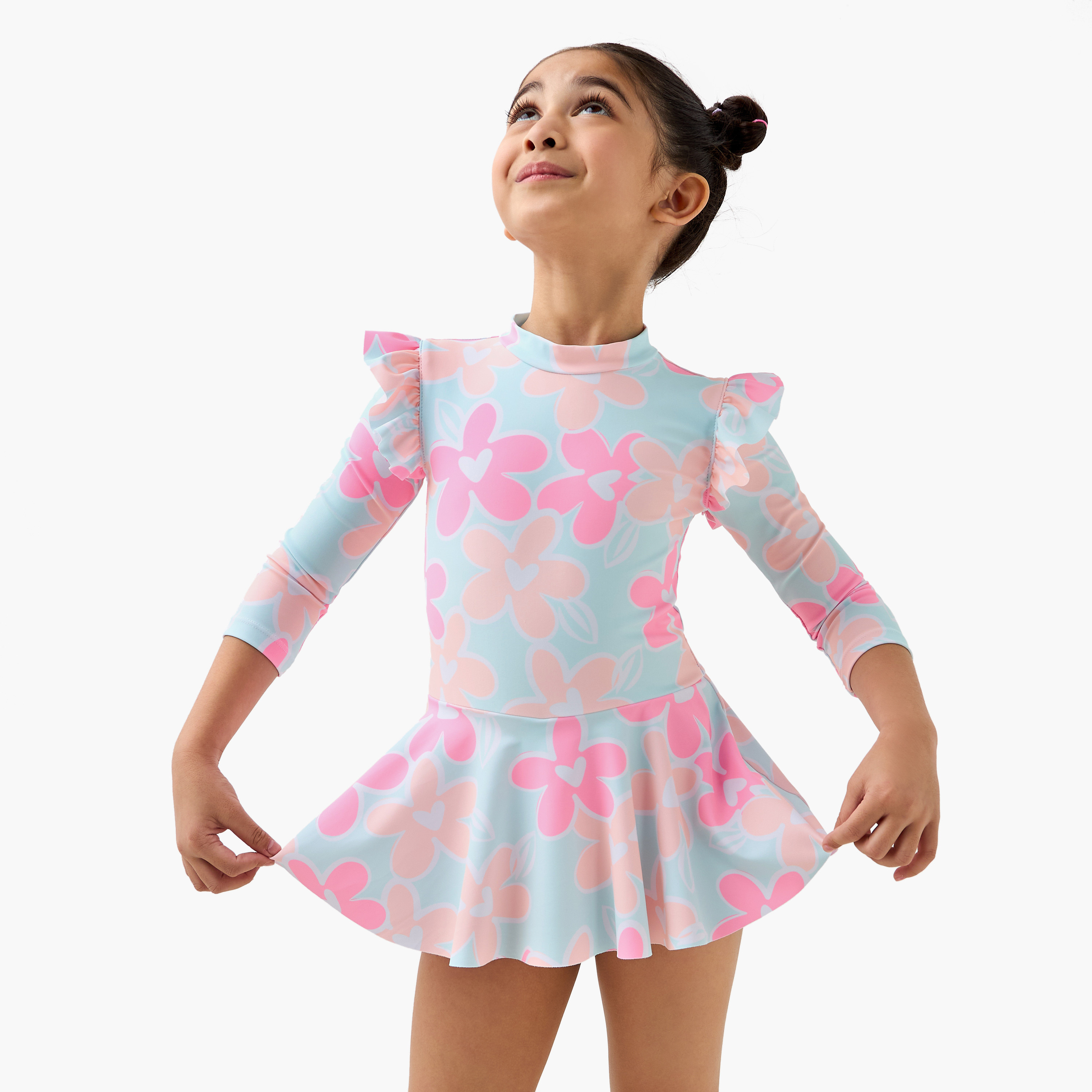 Juniors Floral Print Swimsuit with Long Sleeves-sports-gear-swimming-girl-image-2