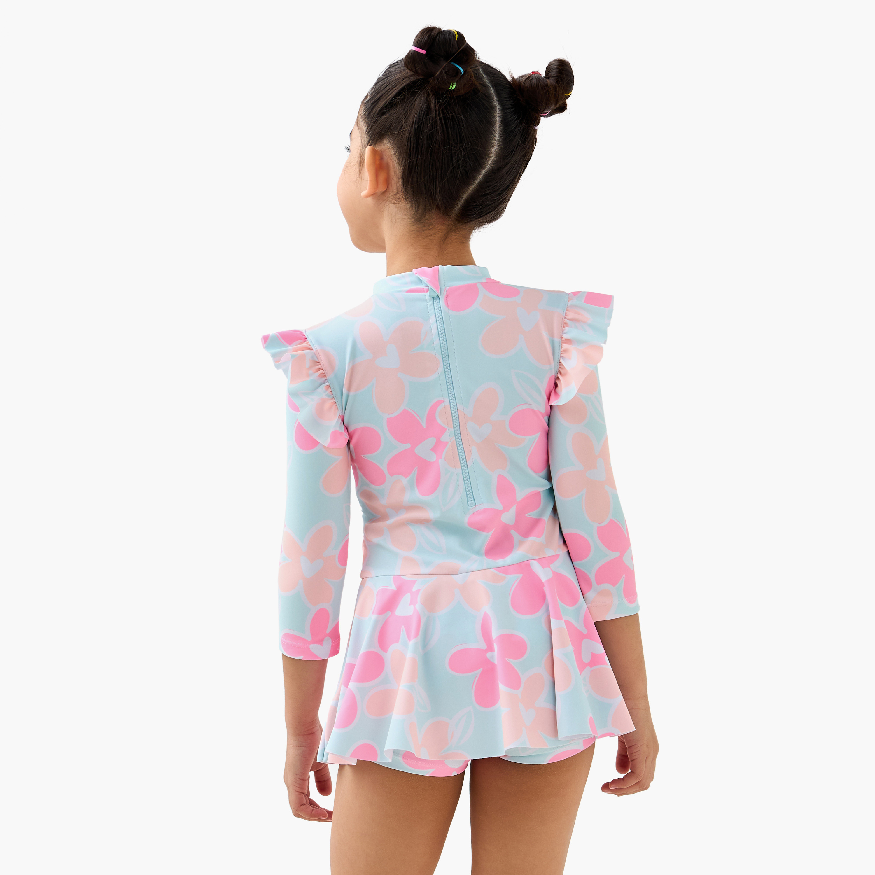 Juniors Floral Print Swimsuit with Long Sleeves-sports-gear-swimming-girl-image-3