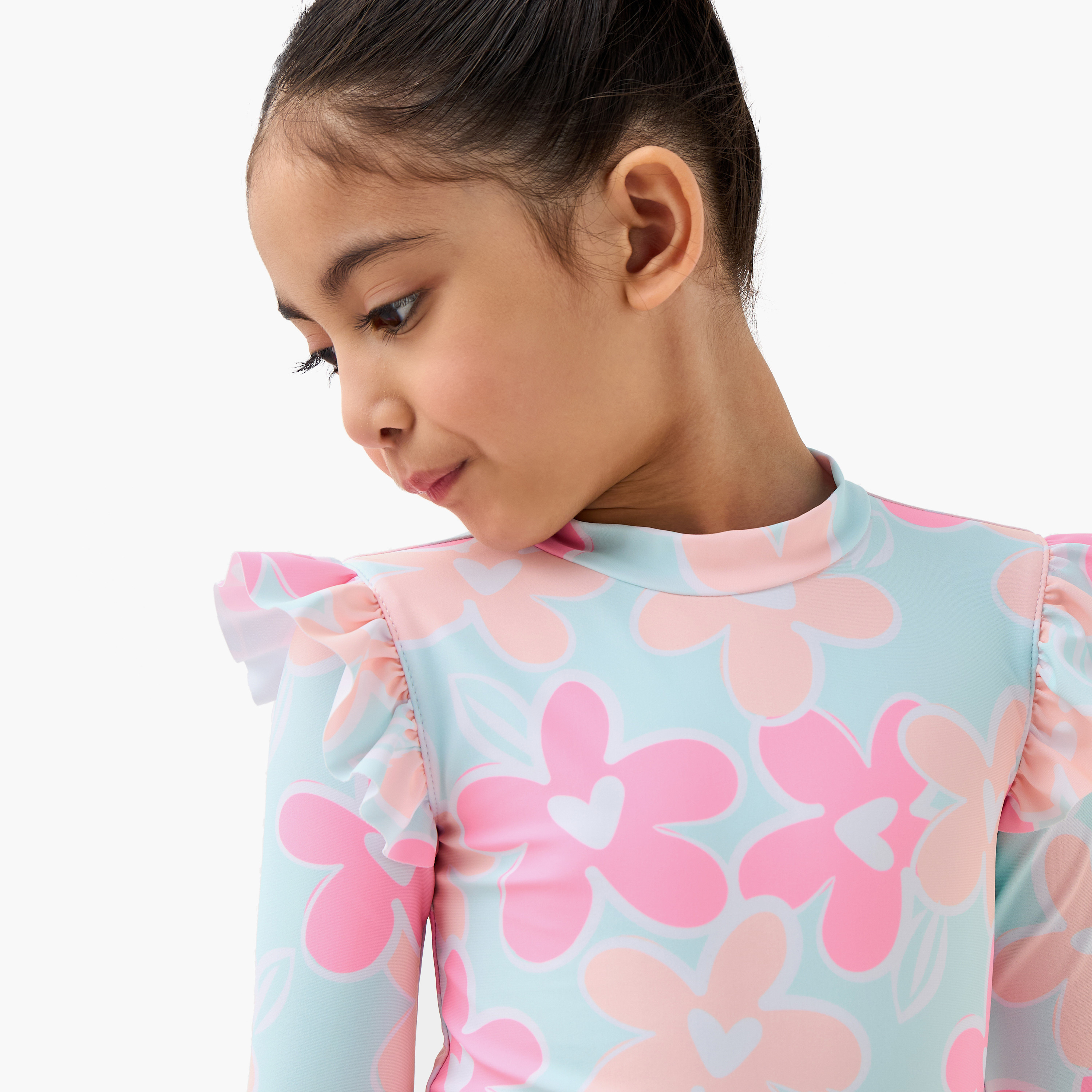 Juniors Floral Print Swimsuit with Long Sleeves-sports-gear-swimming-girl-image-4