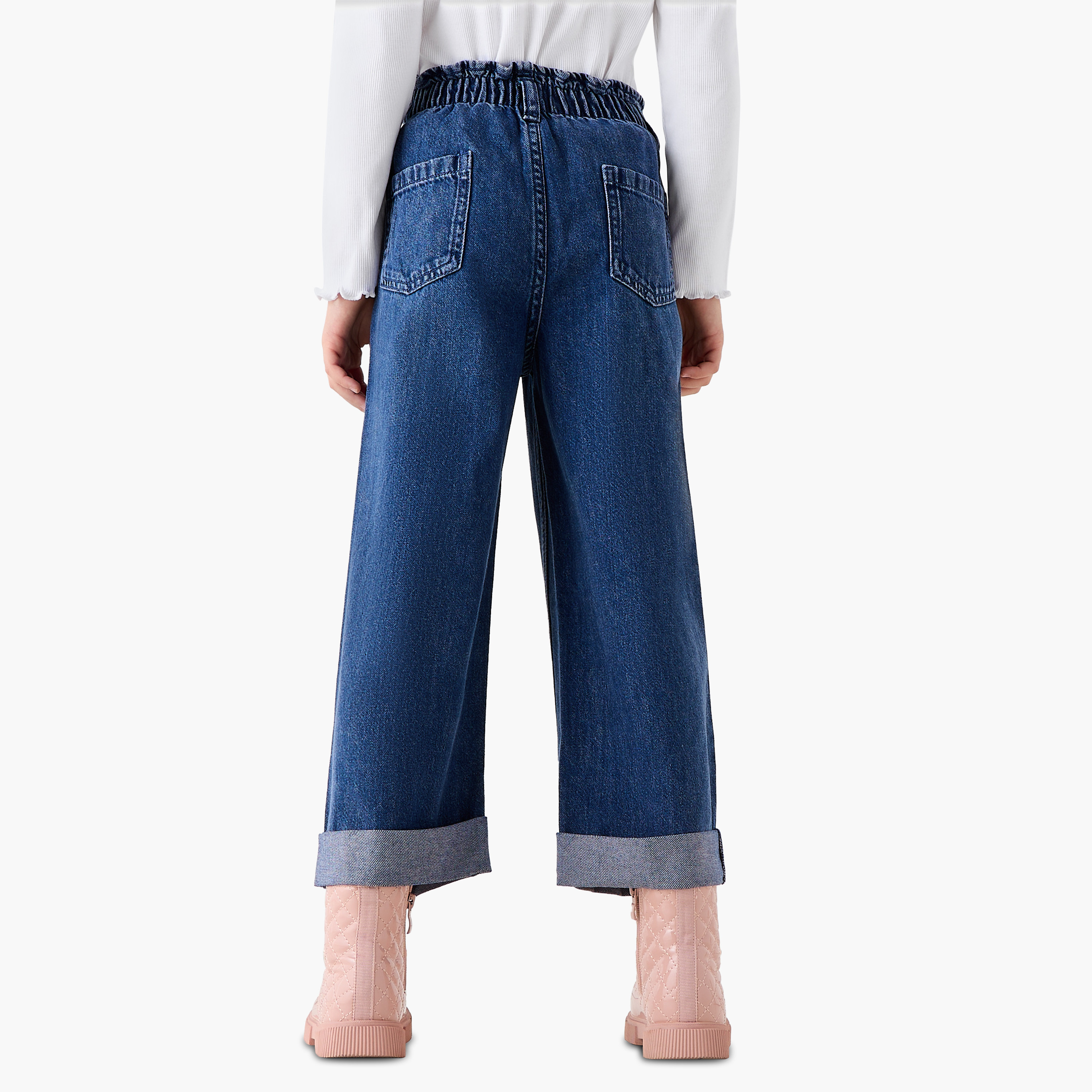 بنطلون جينز قطن واسع الساق ومزين بزر على الخصر للبنات من جونيورز-girls-clothing-bottoms-jeansandjeggings-image-3