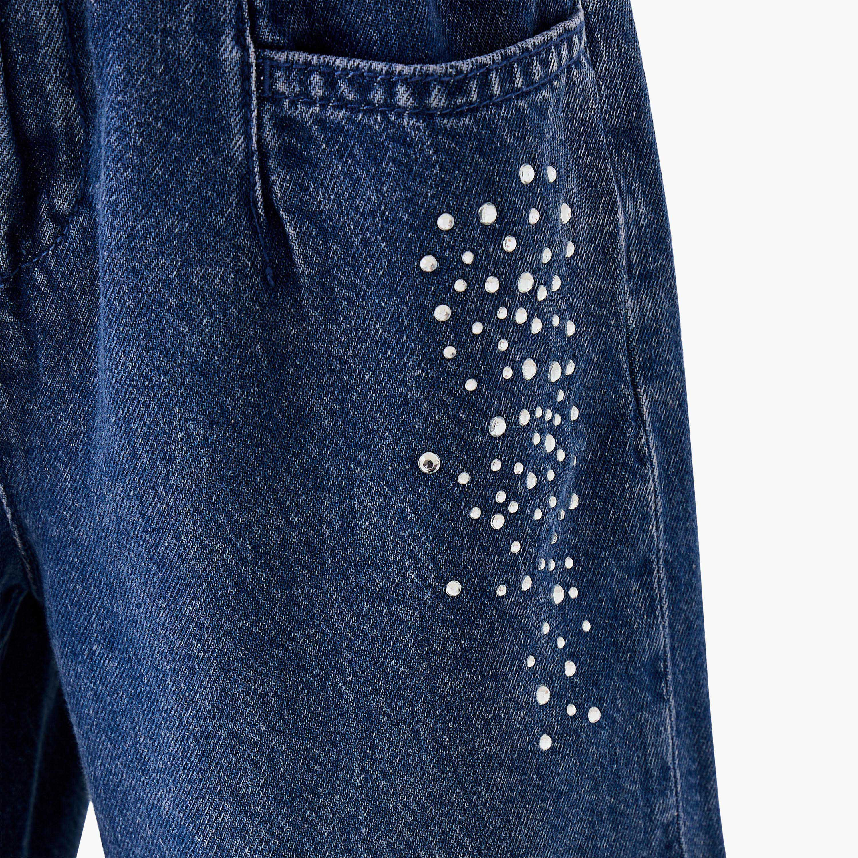 بنطلون جينز قطن واسع الساق ومزين بزر على الخصر للبنات من جونيورز-girls-clothing-bottoms-jeansandjeggings-image-1