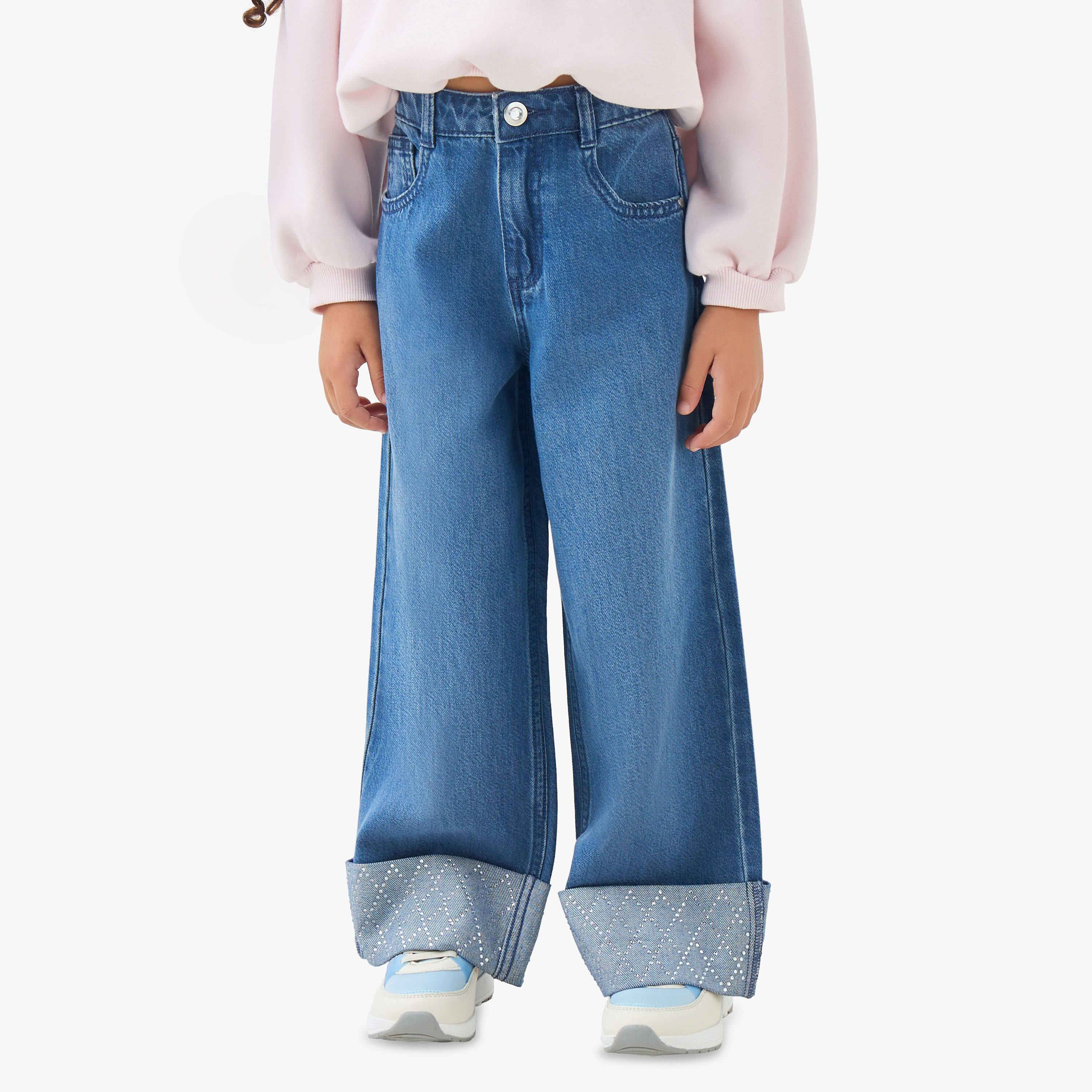 بنطلون جينز قطن بحافة مزينة وخصر بزر وبقصة واسعة للبنات من جونيورز-girls-clothing-bottoms-jeansandjeggings-image-5