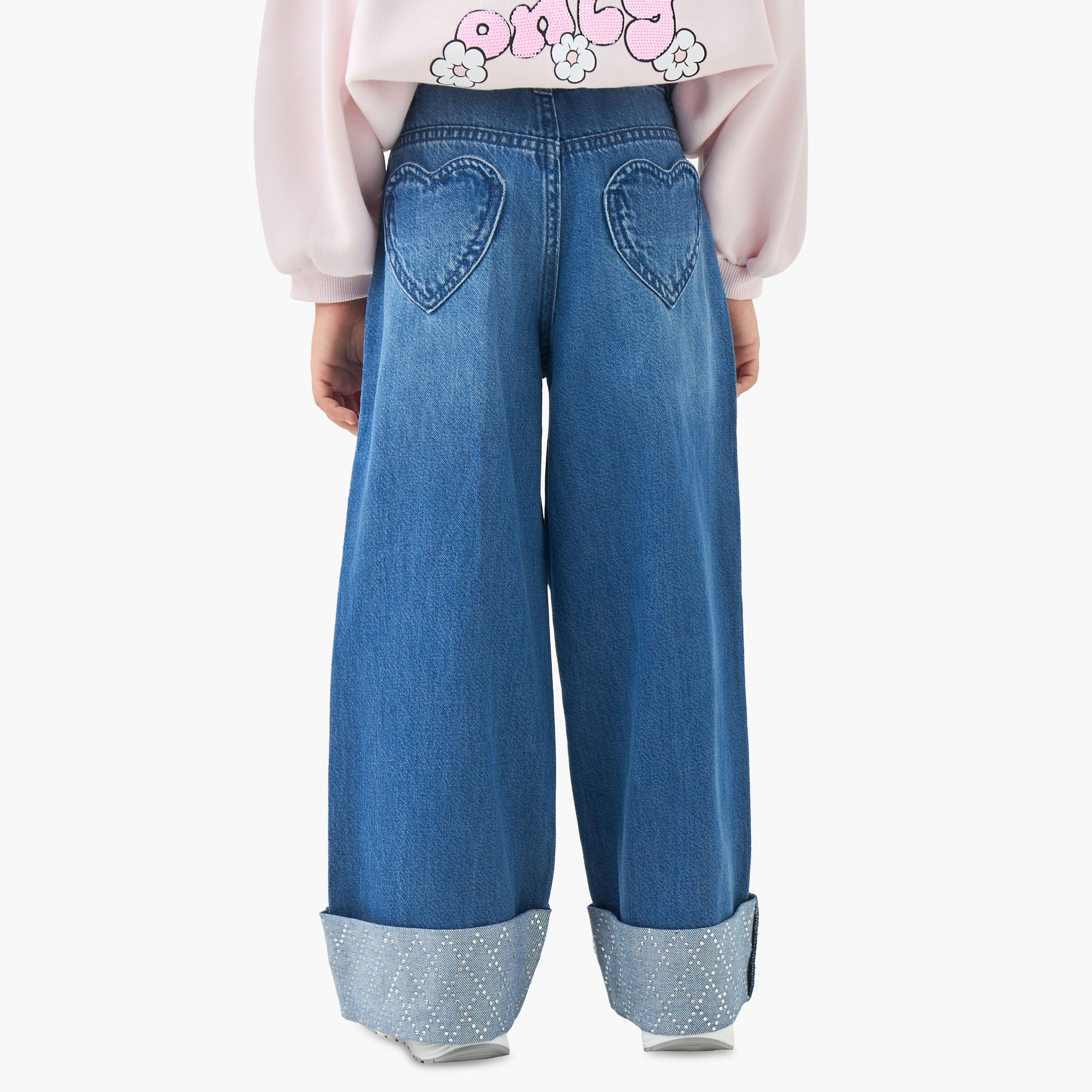 بنطلون جينز قطن بحافة مزينة وخصر بزر وبقصة واسعة للبنات من جونيورز-girls-clothing-bottoms-jeansandjeggings-image-3