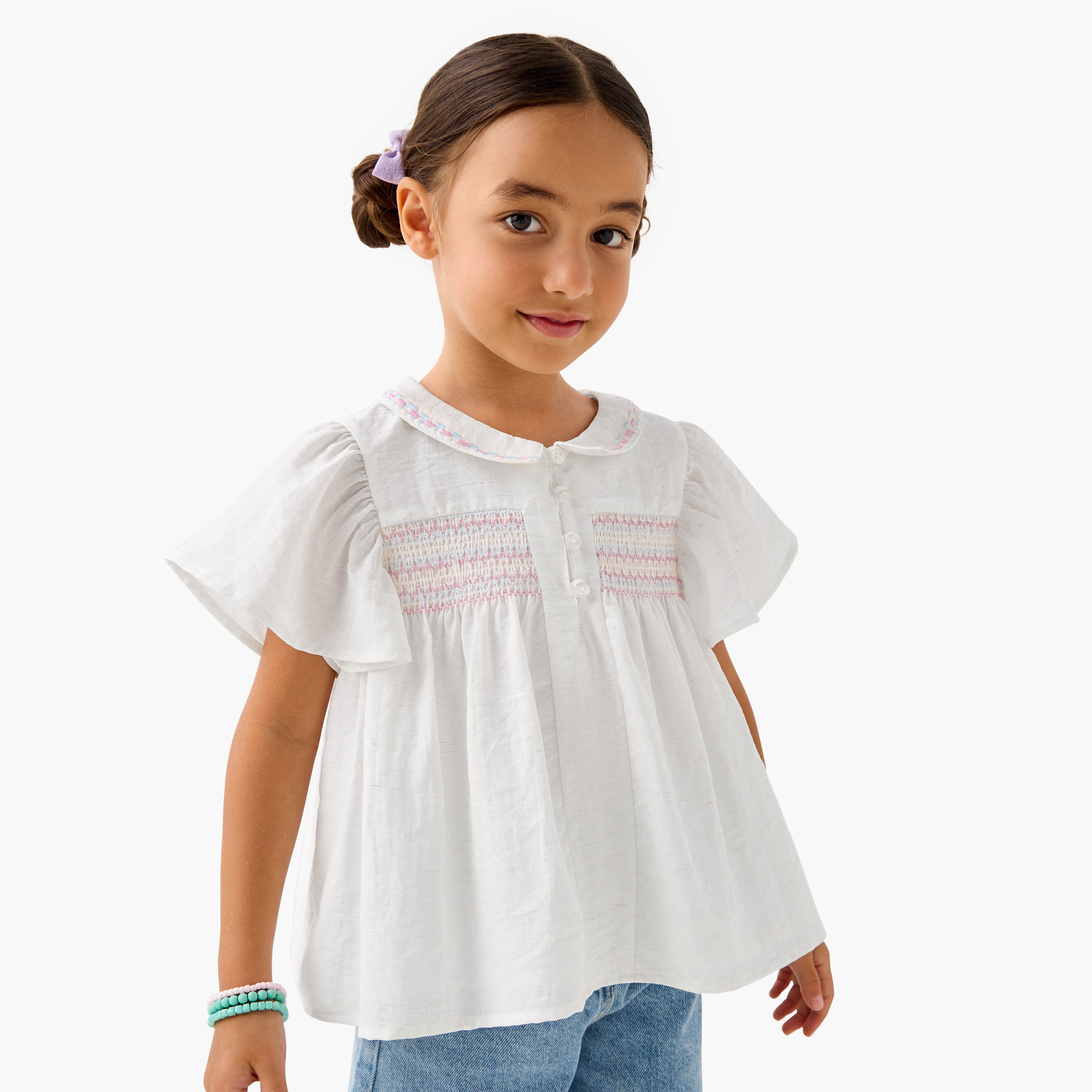 Eligo Smocked Detail Collared Top with Flutter Sleeves-baby-girls-clothing-blousesandshirts-image-1