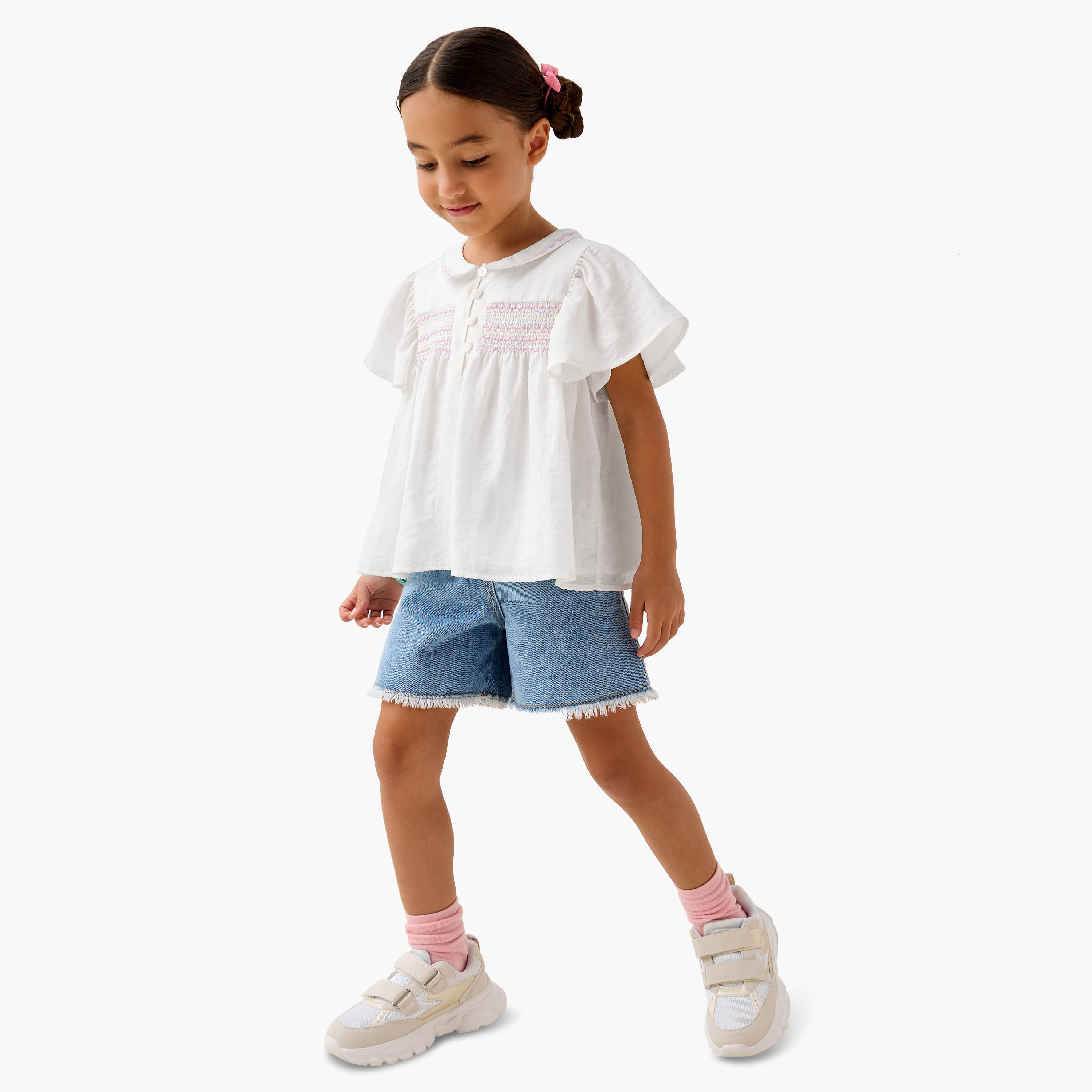 Eligo Smocked Detail Collared Top with Flutter Sleeves-baby-girls-clothing-blousesandshirts-image-2