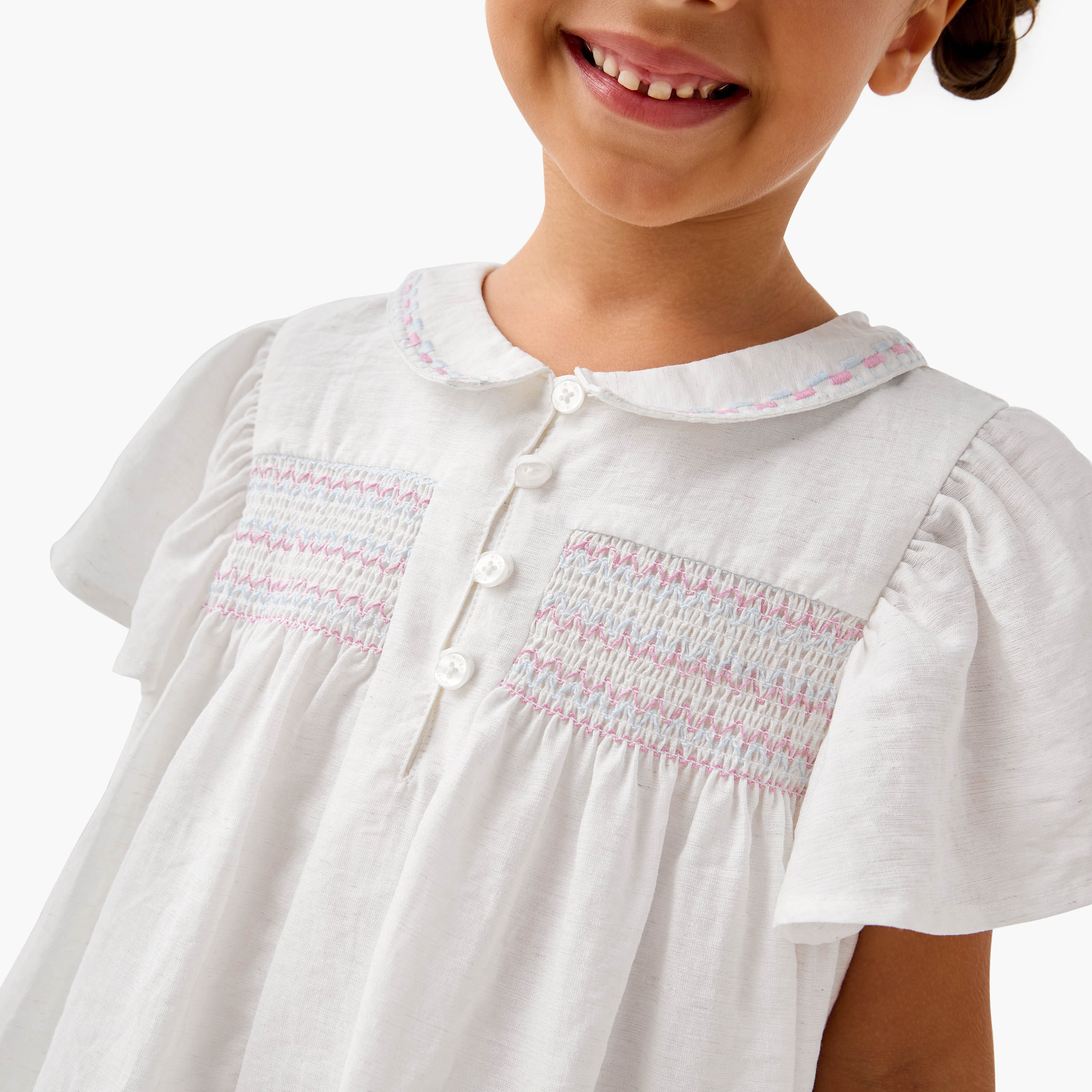 Eligo Smocked Detail Collared Top with Flutter Sleeves-baby-girls-clothing-blousesandshirts-image-4