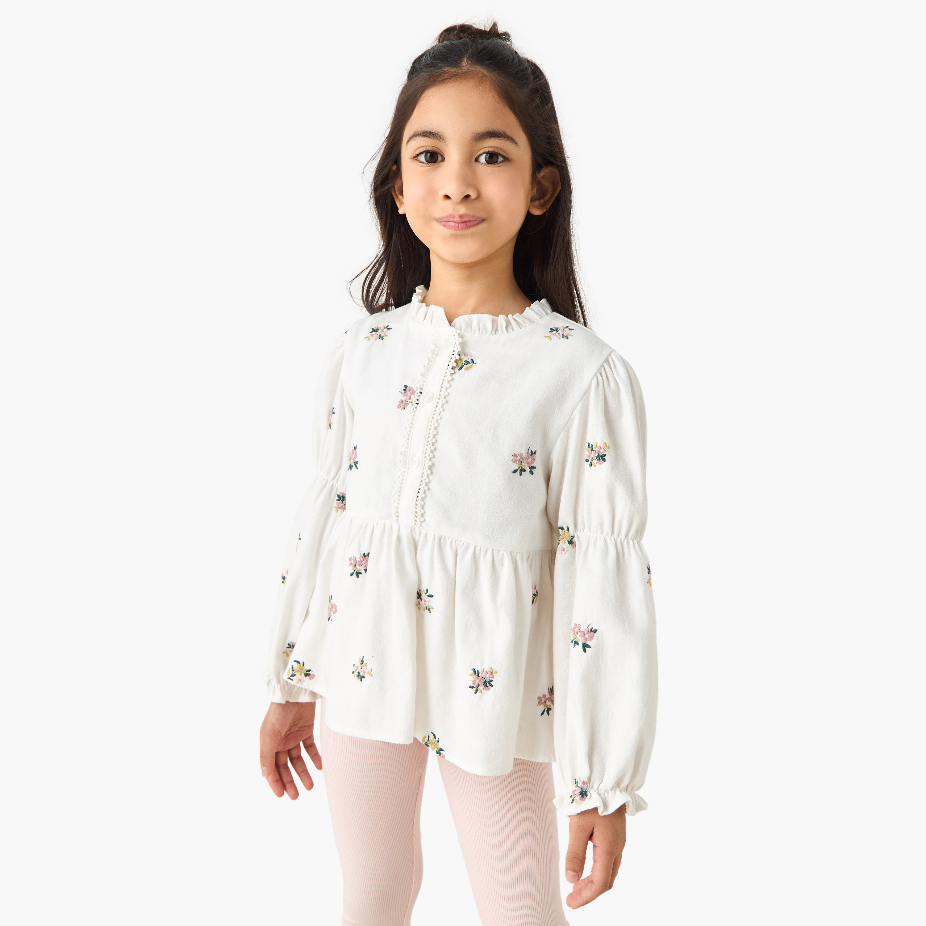 بلوزة بيبلوم بتطريز زهري للبنات من إليجو - قطن - أكمام طويلة - ياقة ماندارين-baby-girls-clothing-blousesandshirts-image-5