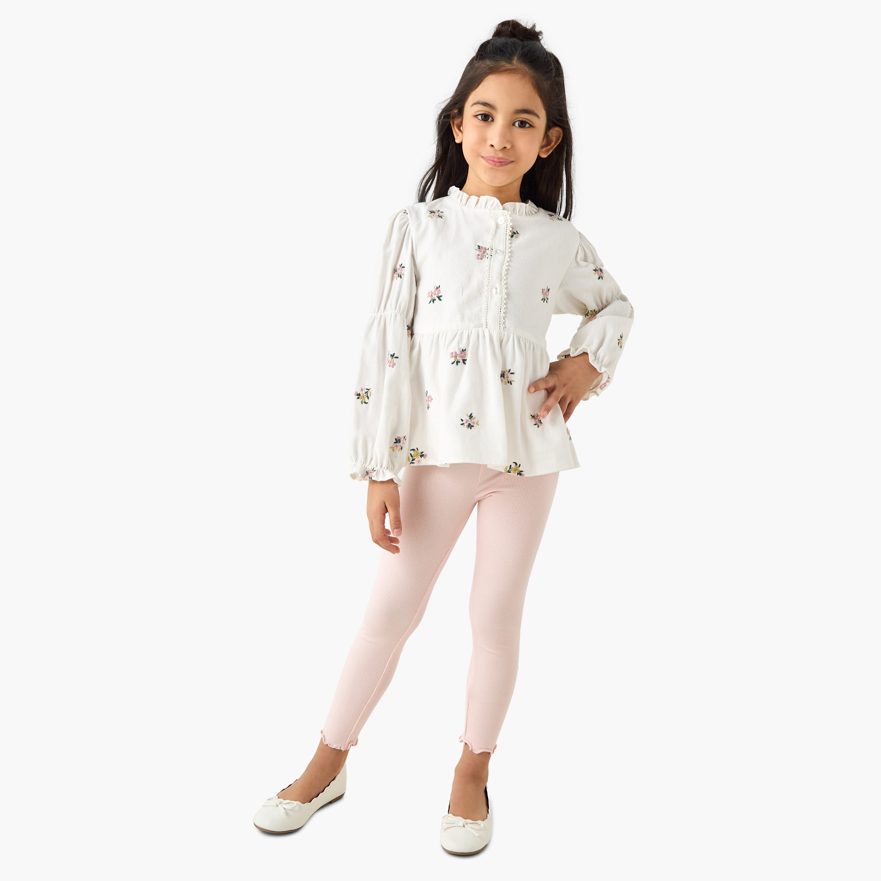 بلوزة بيبلوم بتطريز زهري للبنات من إليجو - قطن - أكمام طويلة - ياقة ماندارين-baby-girls-clothing-blousesandshirts-image-4