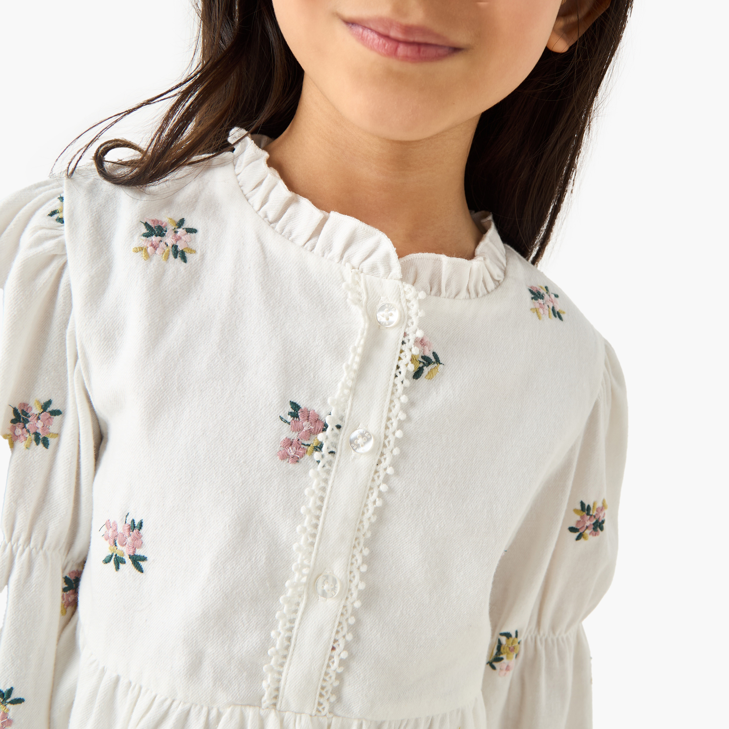 بلوزة بيبلوم بتطريز زهري للبنات من إليجو - قطن - أكمام طويلة - ياقة ماندارين-baby-girls-clothing-blousesandshirts-image-2