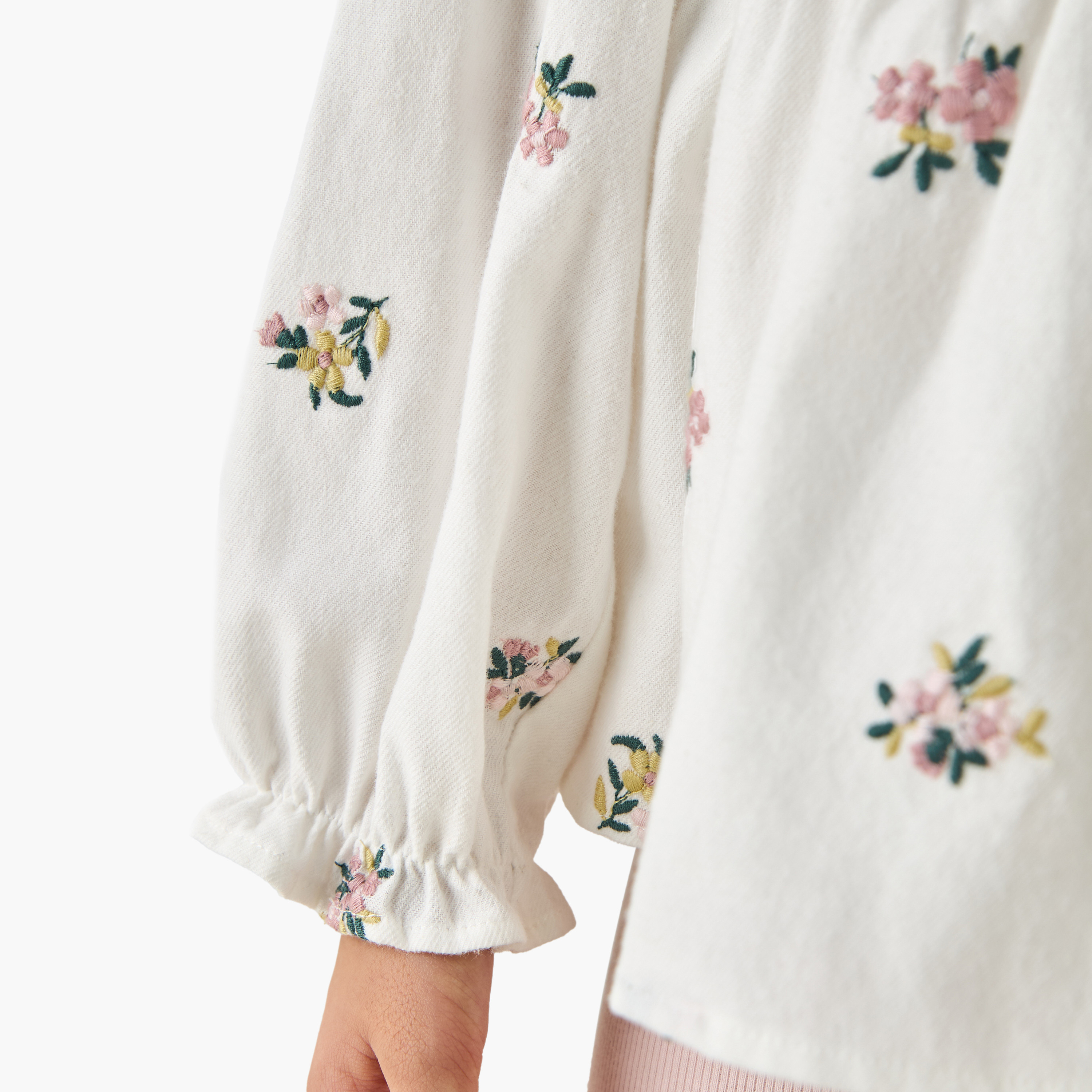 بلوزة بيبلوم بتطريز زهري للبنات من إليجو - قطن - أكمام طويلة - ياقة ماندارين-baby-girls-clothing-blousesandshirts-image-1