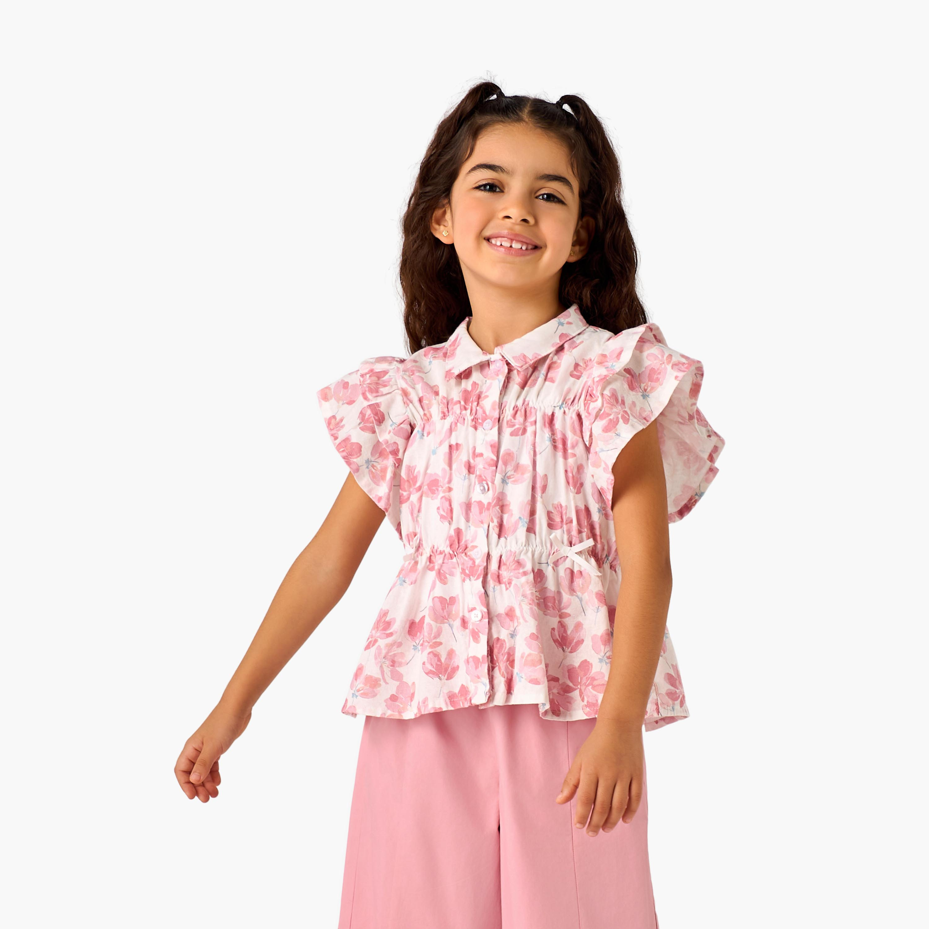 Eligo Collared Cap Sleeves Top with Button Closure-baby-girls-clothing-blousesandshirts-image-1