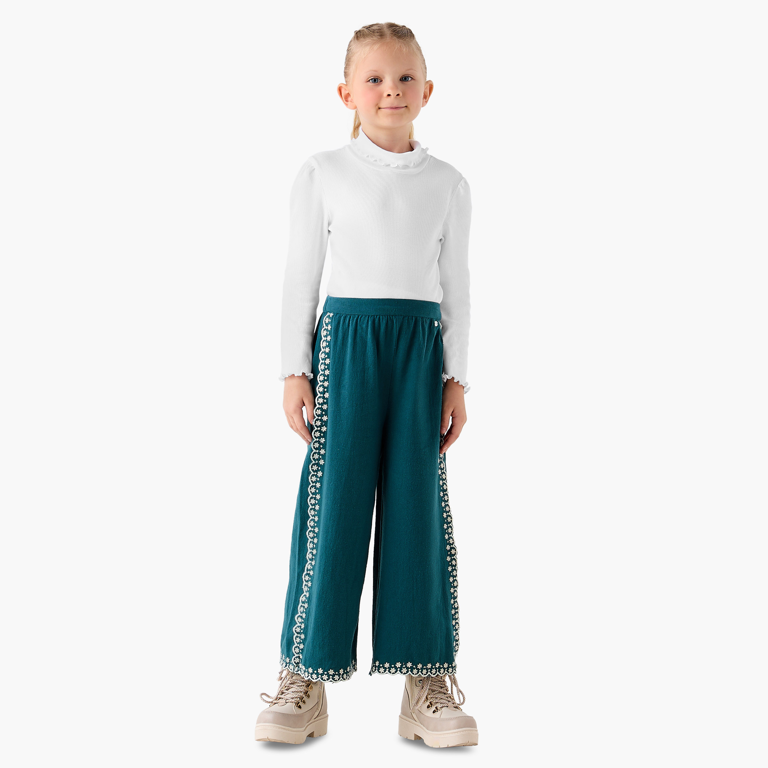 Eligo Girls Trousers with Embroidery - Cotton - Elasticated - Relaxed-baby-girls-clothing-bottoms-trousers-image-2