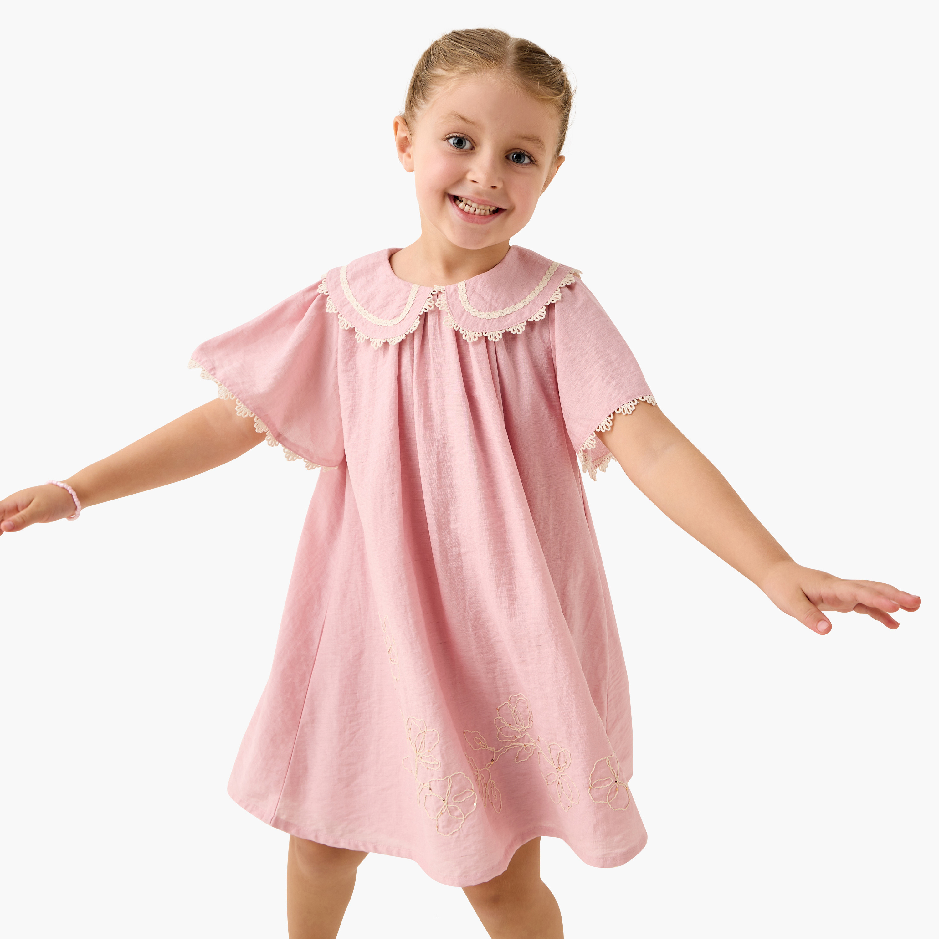Eligo Lace Detail Peter Pan Collar Dress with Flutter Sleeves-girls-clothing-dressesandjumpsuits-image-1