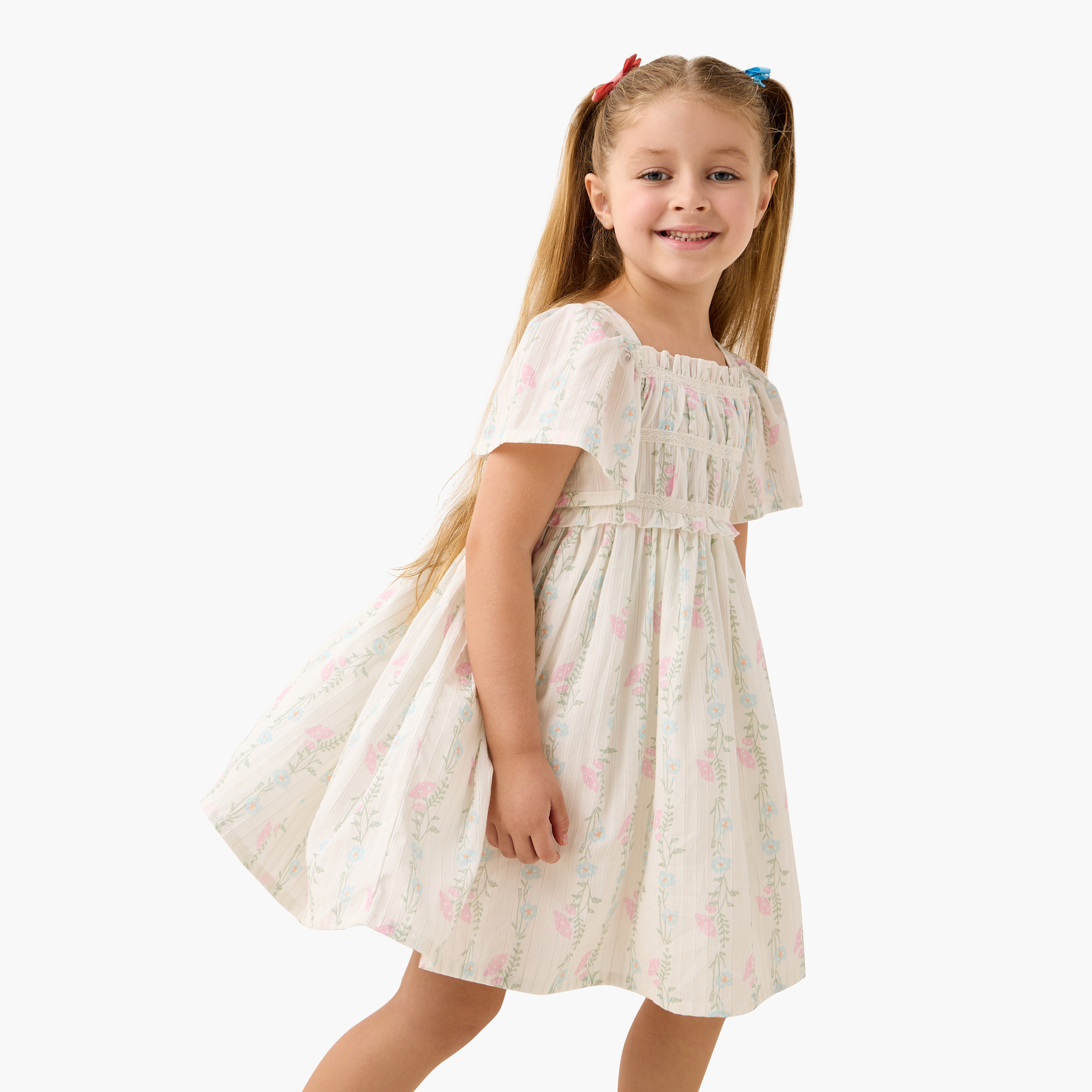 Eligo All-Over Floral Print Square Neck Dress with Flutter Sleeves-girls-clothing-dressesandjumpsuits-image-1
