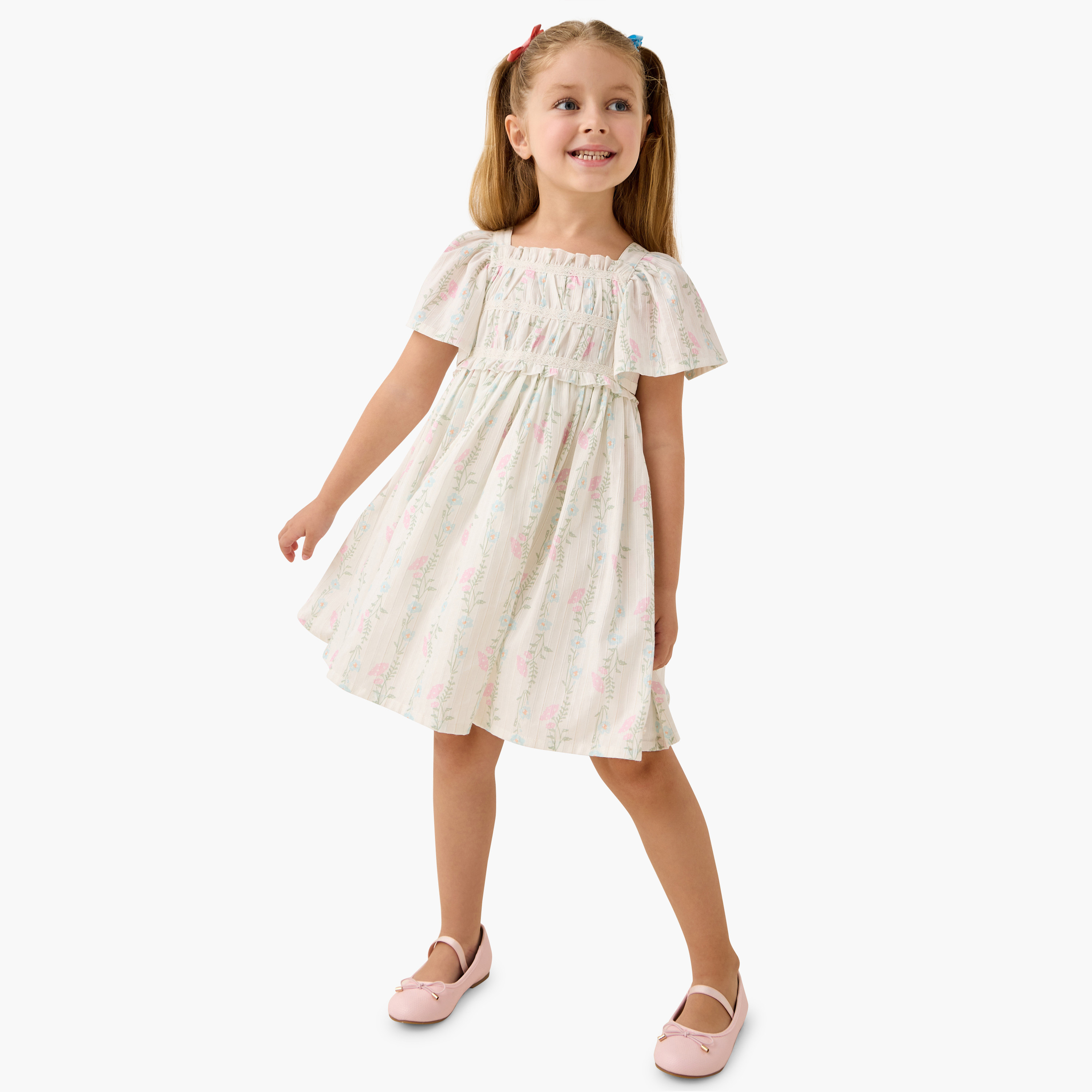 Eligo All-Over Floral Print Square Neck Dress with Flutter Sleeves-girls-clothing-dressesandjumpsuits-image-2