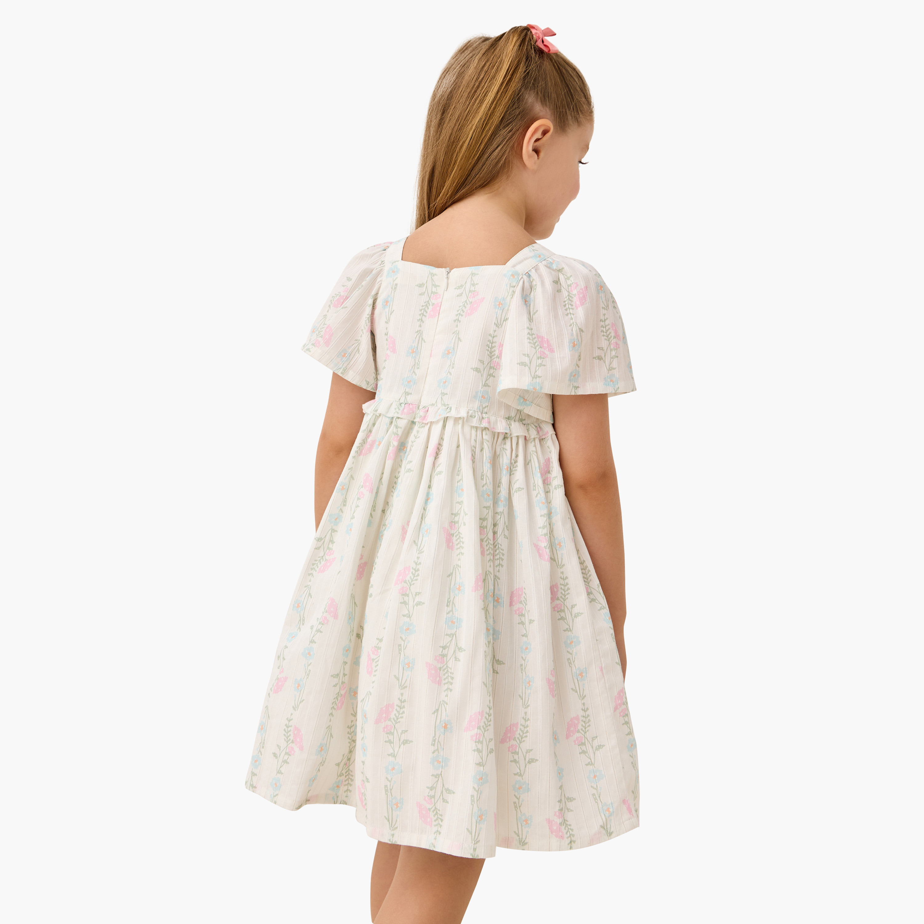 Eligo All-Over Floral Print Square Neck Dress with Flutter Sleeves-girls-clothing-dressesandjumpsuits-image-3
