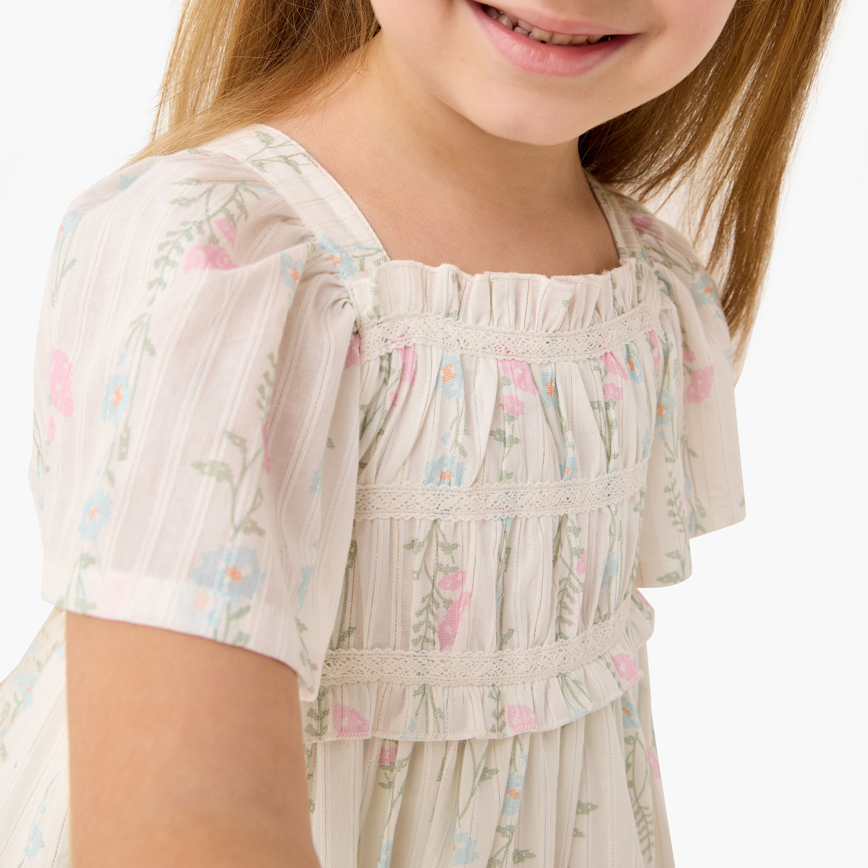 Eligo All-Over Floral Print Square Neck Dress with Flutter Sleeves-girls-clothing-dressesandjumpsuits-image-4