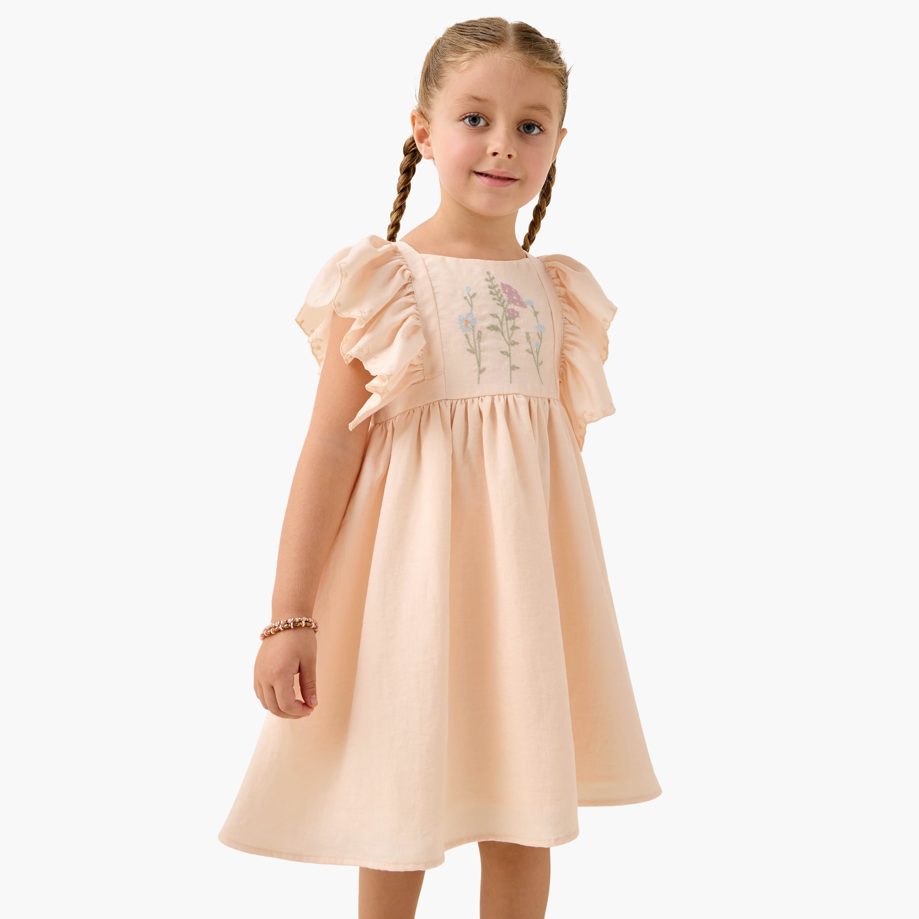 Eligo Embroidered Round Neck Dress with Ruffle Short Sleeves-girls-clothing-dressesandjumpsuits-image-1