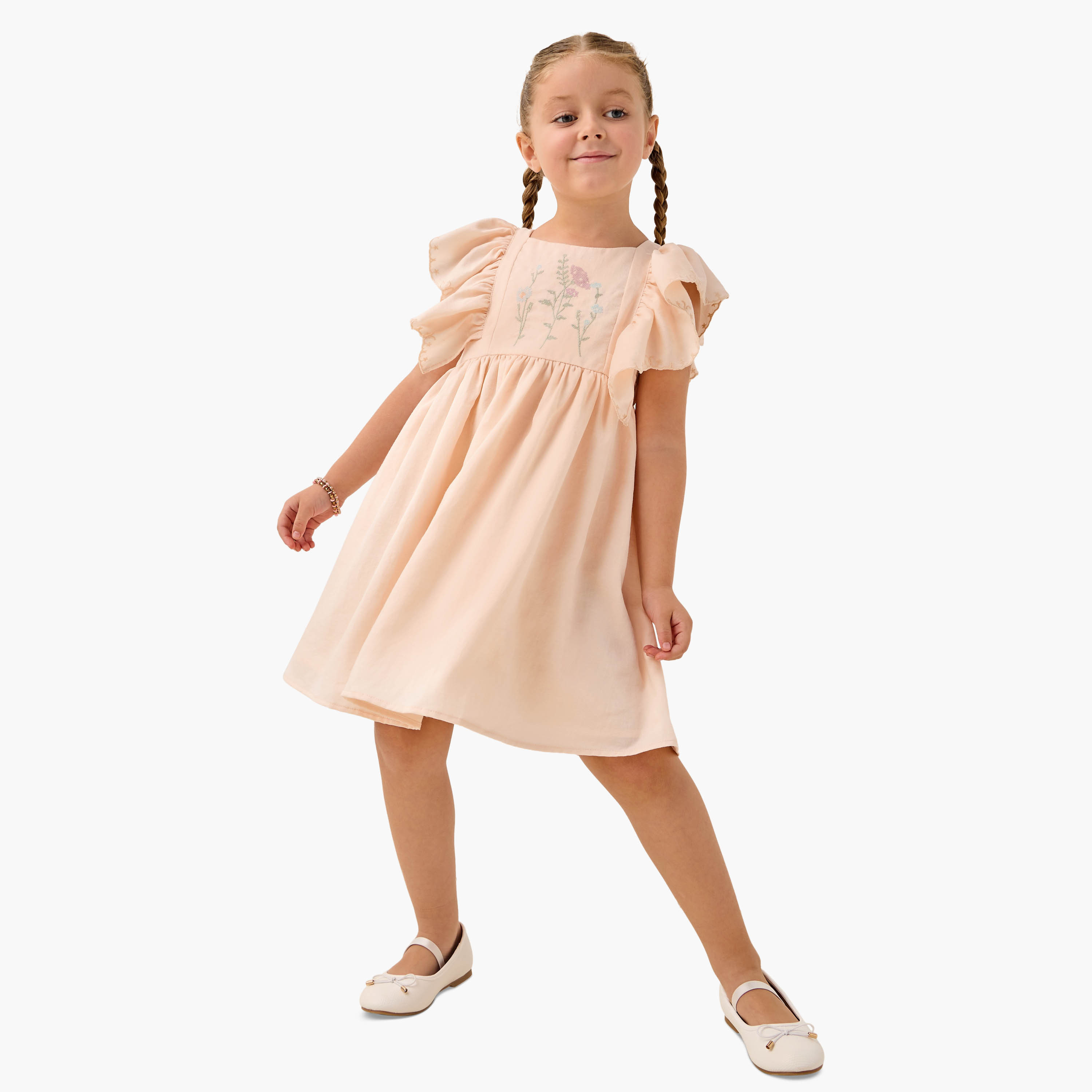 Eligo Embroidered Round Neck Dress with Ruffle Short Sleeves-girls-clothing-dressesandjumpsuits-image-2