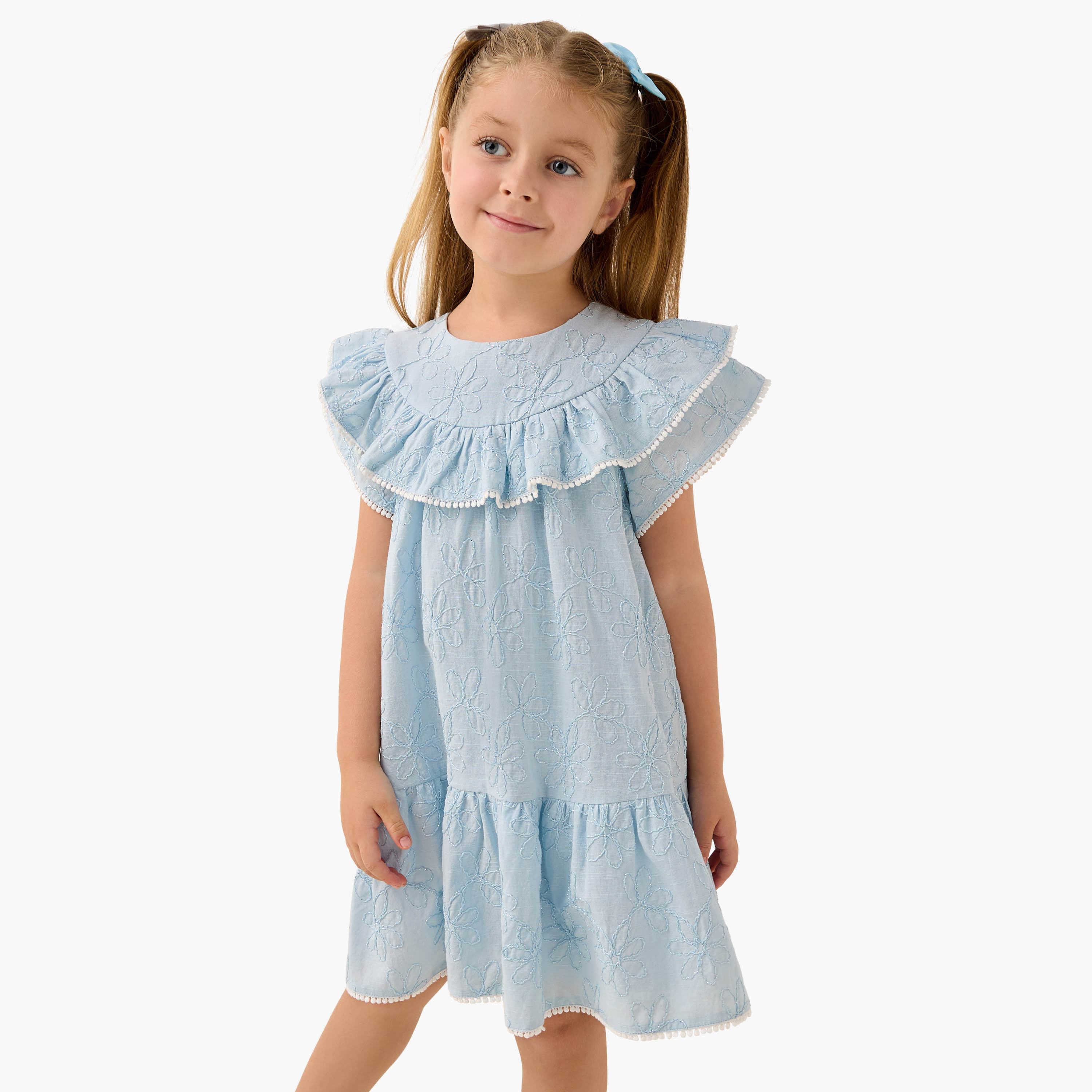 Eligo Embroidered Drop Waist Dress with Round Neck and Short Sleeves-girls-clothing-dressesandjumpsuits-image-1