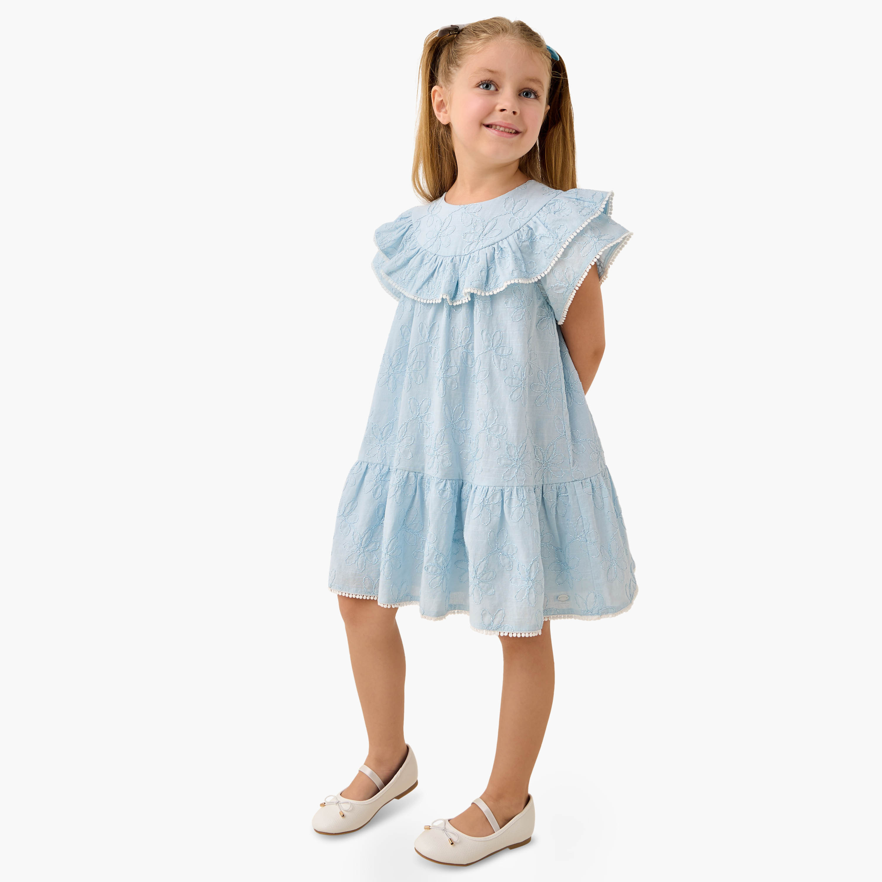 Eligo Embroidered Drop Waist Dress with Round Neck and Short Sleeves-girls-clothing-dressesandjumpsuits-image-2