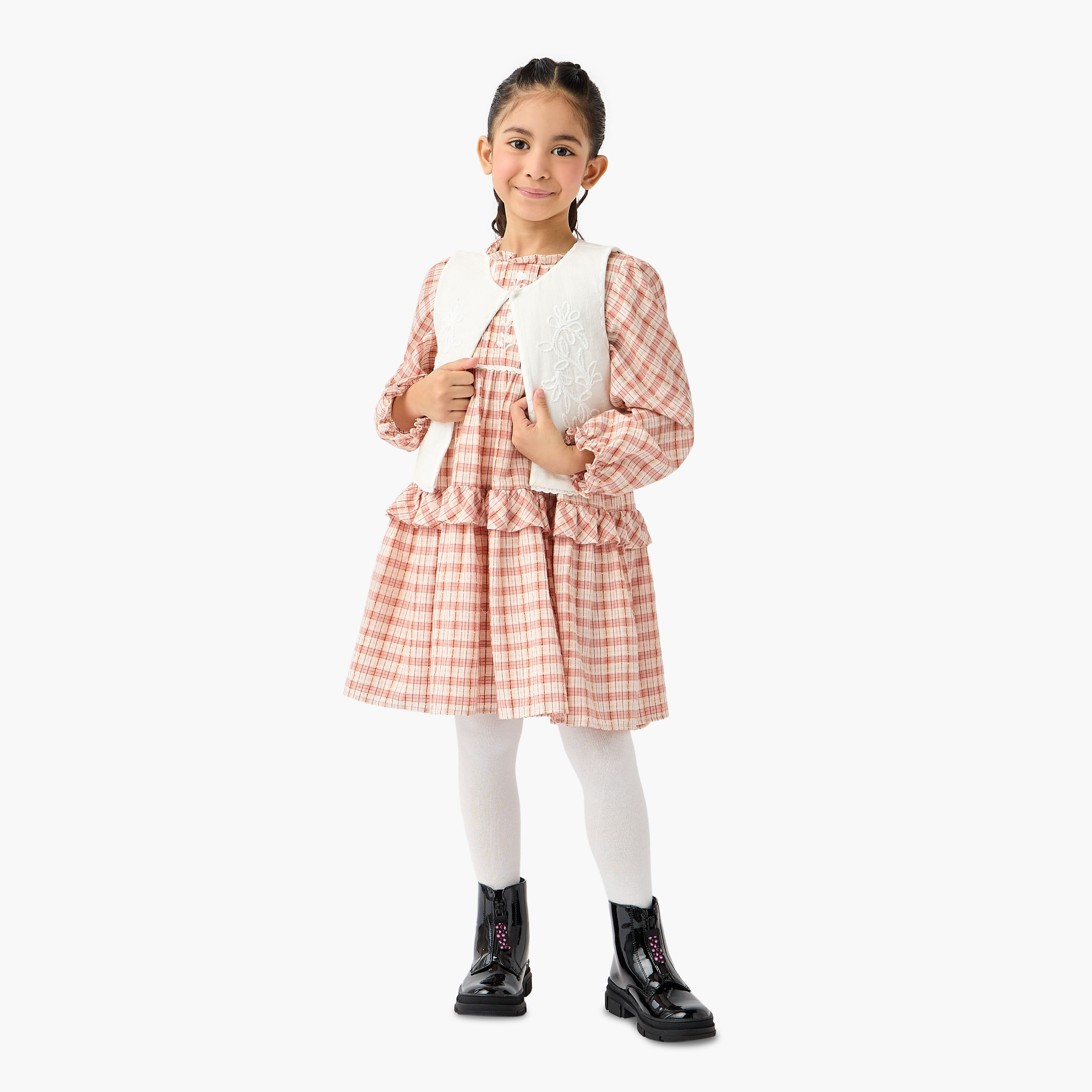 طقم معطف قصير مطرز وجوارب طويلة وفستان إيه لاين كاروهات من إليجو-girls-clothing-winterwear-dresses-image-7