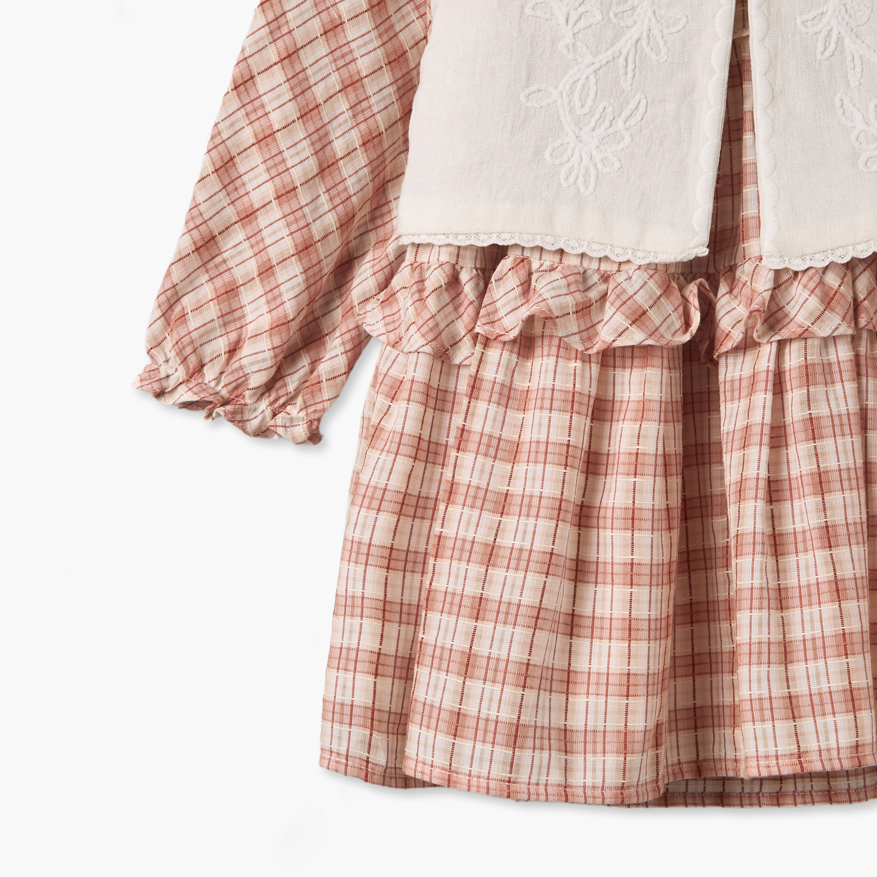 Eligo Checked A-line Dress with Embroidered Waistcoat and Stockings Set-girls-clothing-dressesandjumpsuits-image-8
