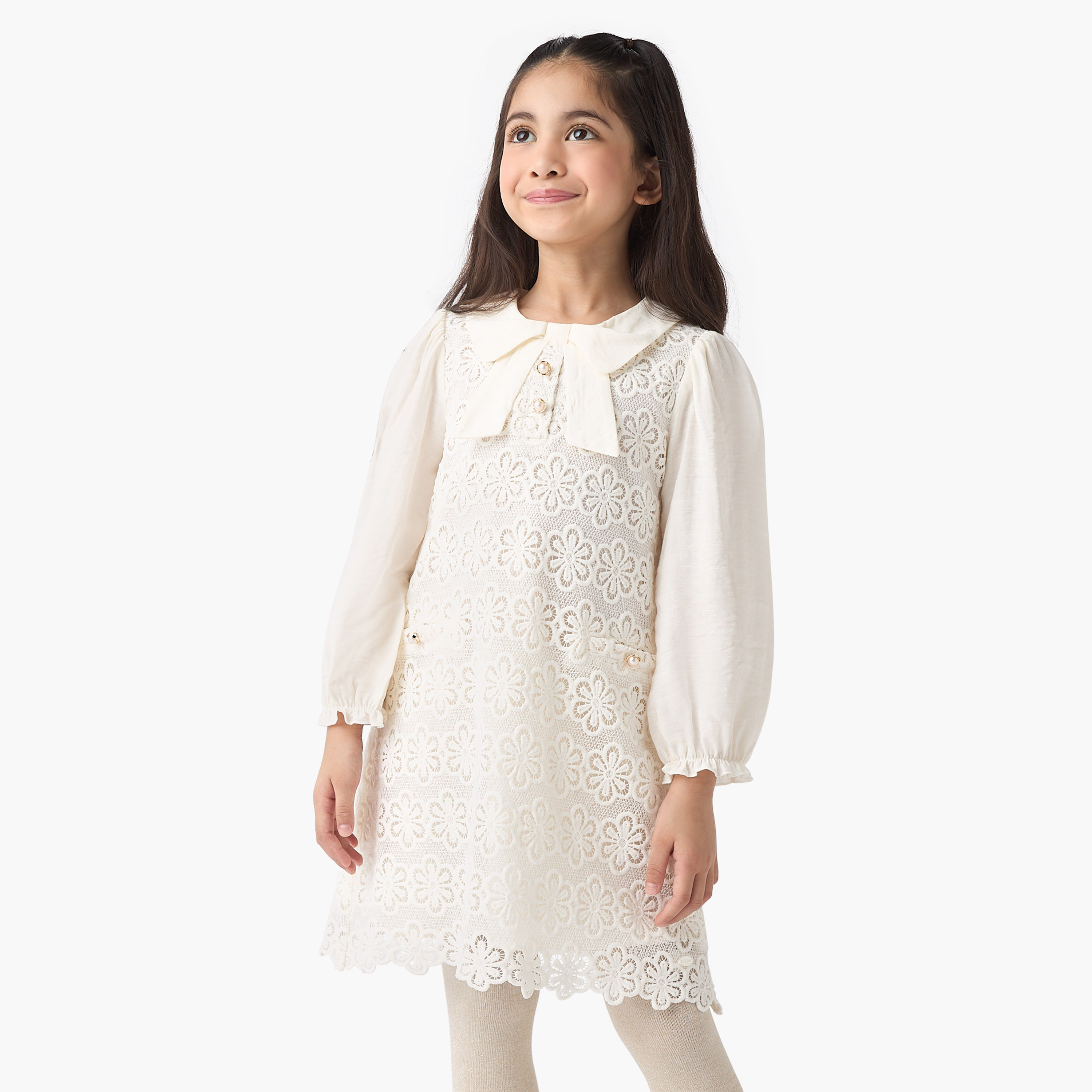 Eligo Lace Collared Dress with Long Sleeves and Tights-girls-clothing-winterwear-dresses-image-2