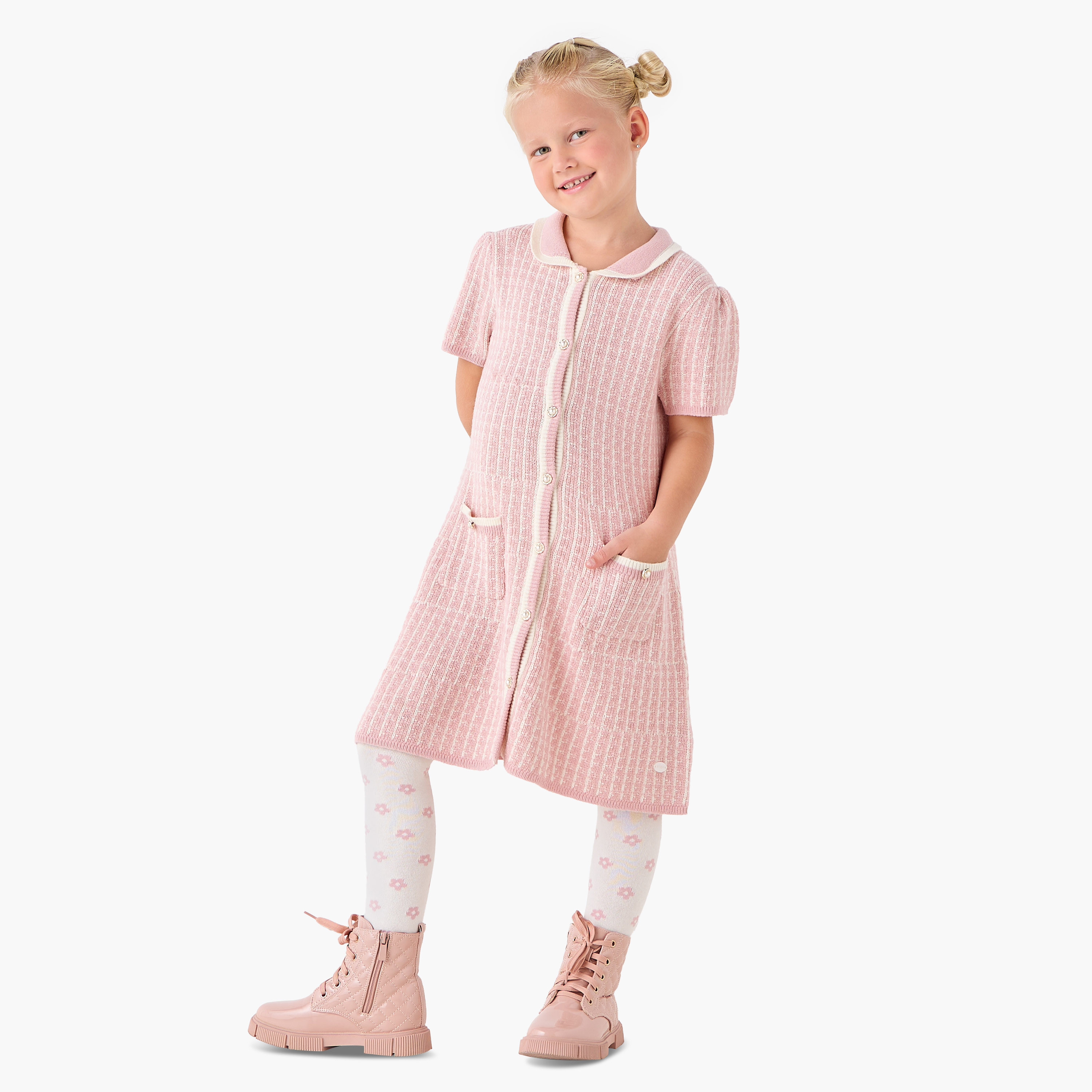 Eligo Collared Short Sleeves Midi Dress with Checked Design-girls-clothing-winterwear-dresses-image-1