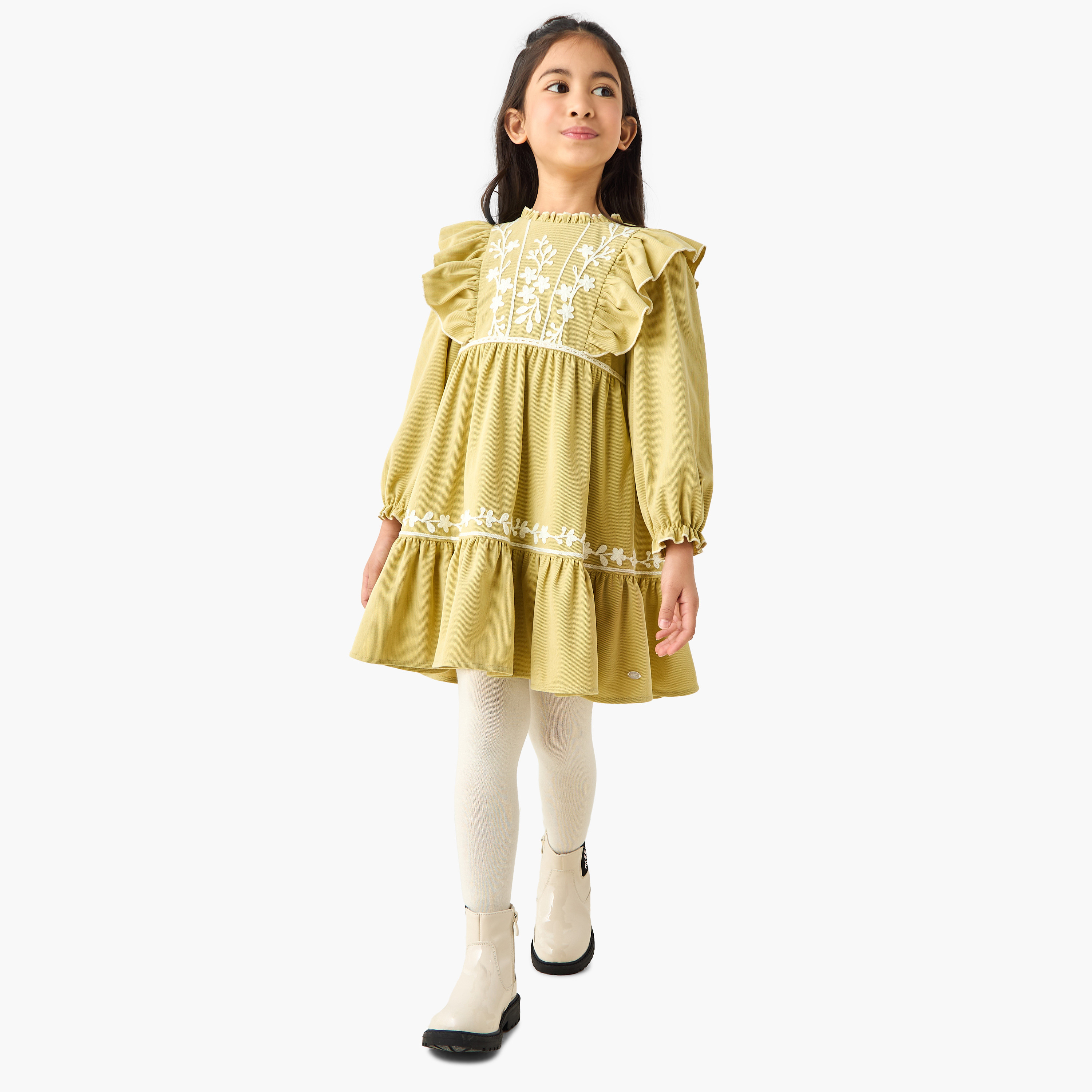 Eligo Ruffle Neck Long Sleeves Knee Length Dress with Floral Embroidery-girls-clothing-dressesandjumpsuits-image-1