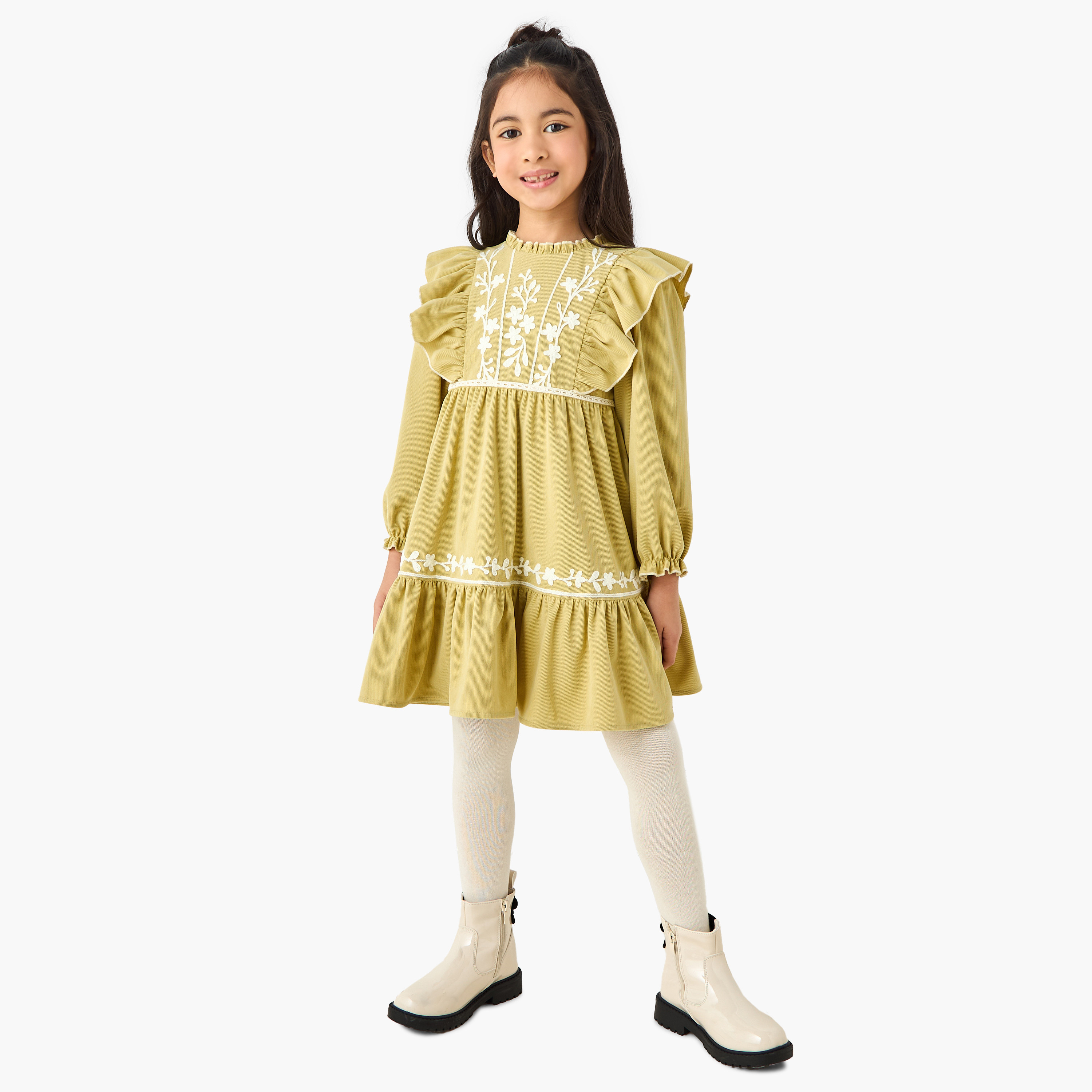 Eligo Ruffle Neck Long Sleeves Knee Length Dress with Floral Embroidery-girls-clothing-dressesandjumpsuits-image-2