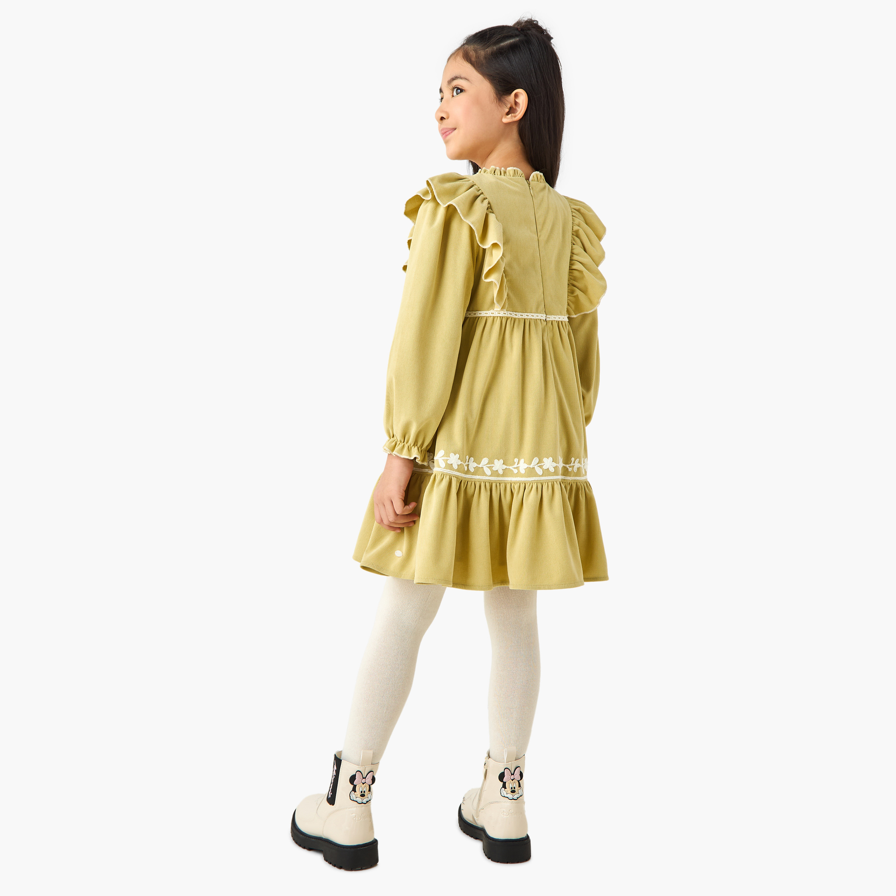 Eligo Ruffle Neck Long Sleeves Knee Length Dress with Floral Embroidery-girls-clothing-dressesandjumpsuits-image-3