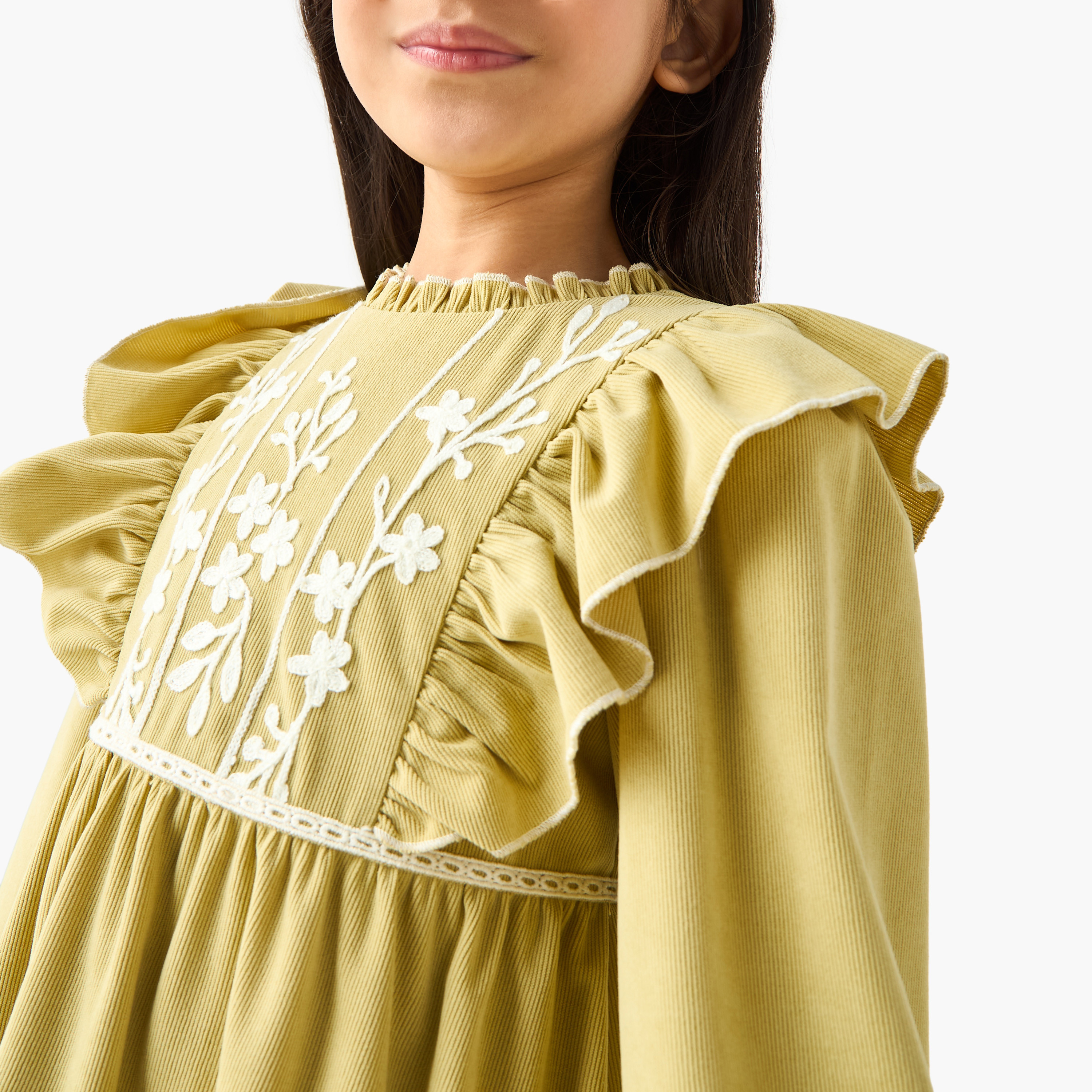Eligo Ruffle Neck Long Sleeves Knee Length Dress with Floral Embroidery-girls-clothing-dressesandjumpsuits-image-4