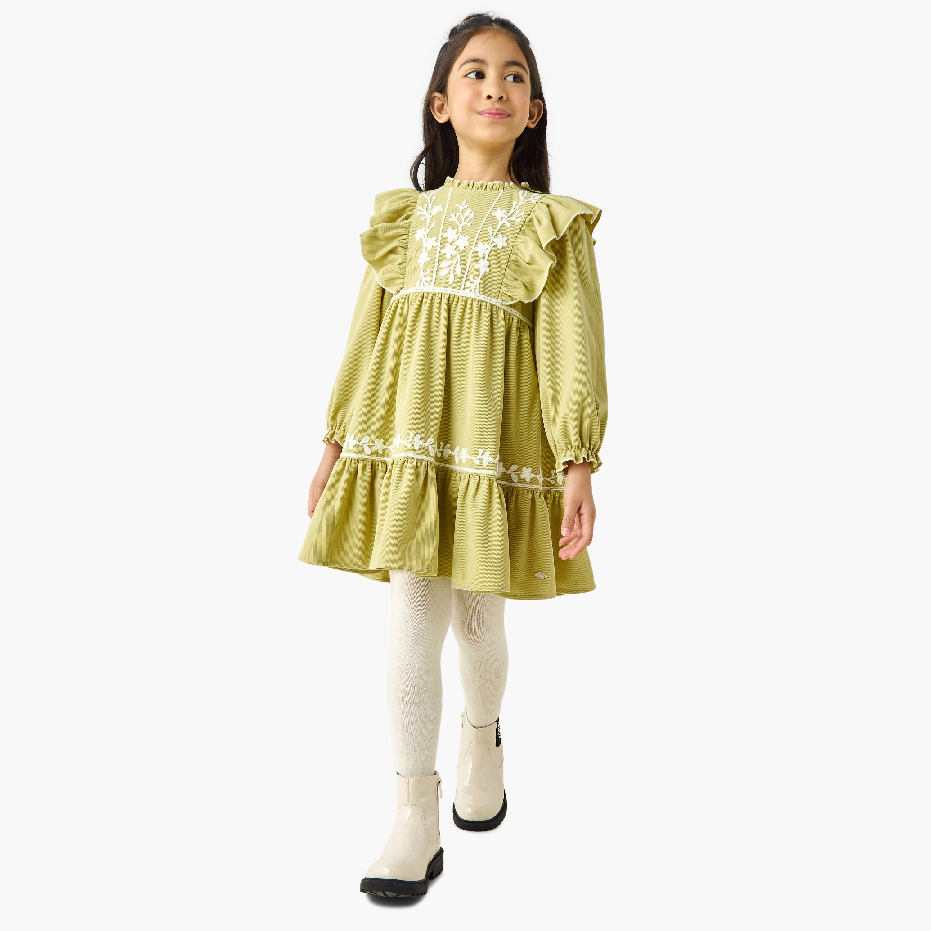Eligo Ruffle Neck Long Sleeves Knee Length Dress with Floral Embroidery-girls-clothing-dressesandjumpsuits-image-6