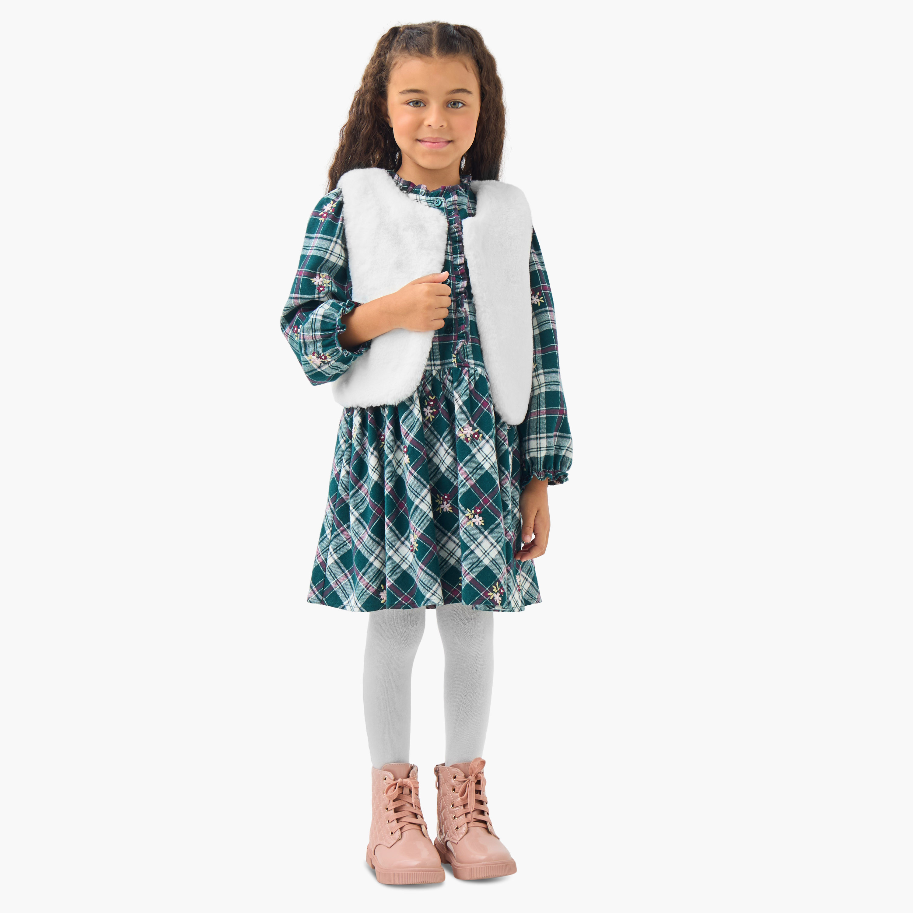 Eligo Henley Neck Long Sleeves Knee Length Dress with Checked Design-girls-clothing-winterwear-dresses-image-1